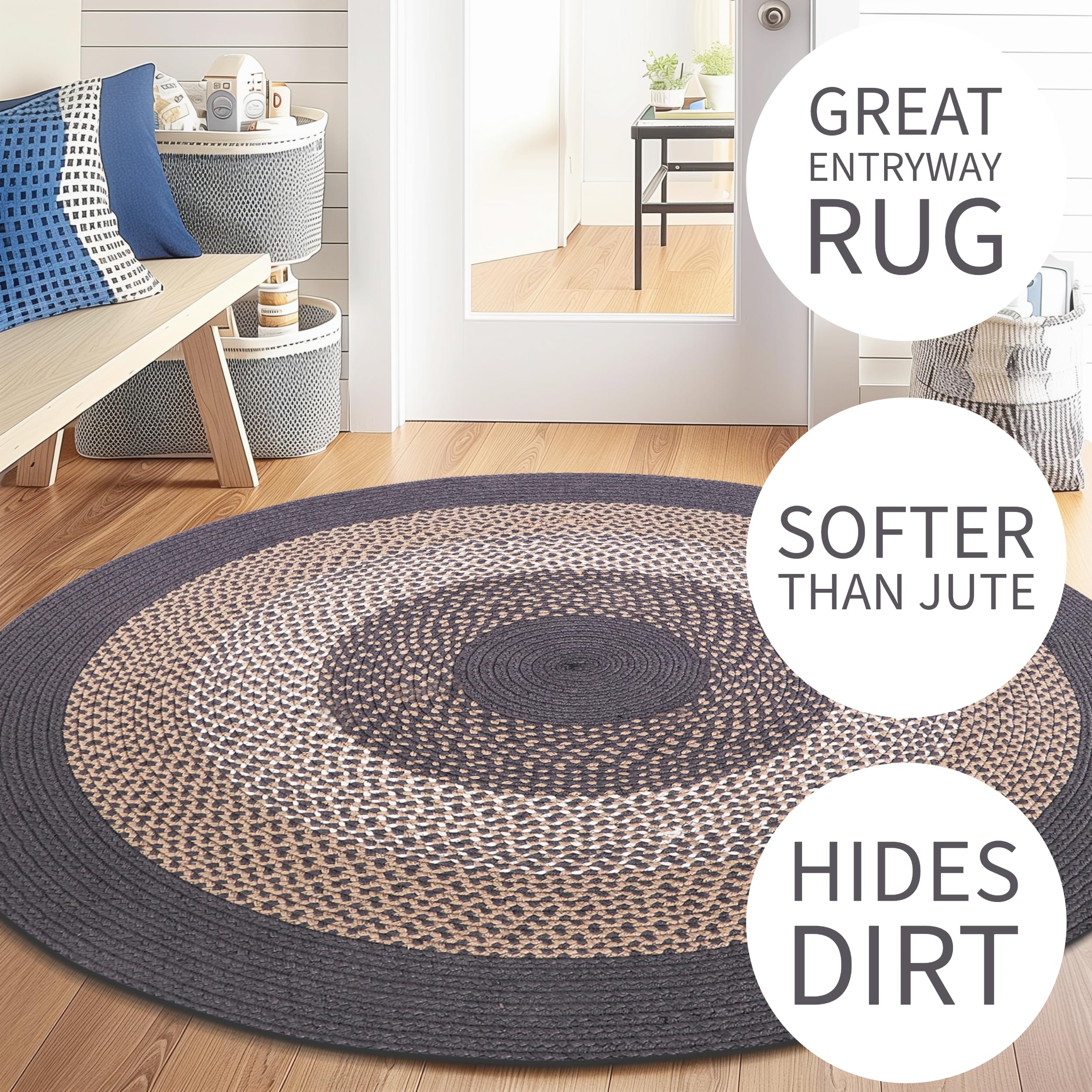 Taupe, Gray Indoor Outdoor Braided Rug for Patios, Porches and Kitchens - Bradford Collection
