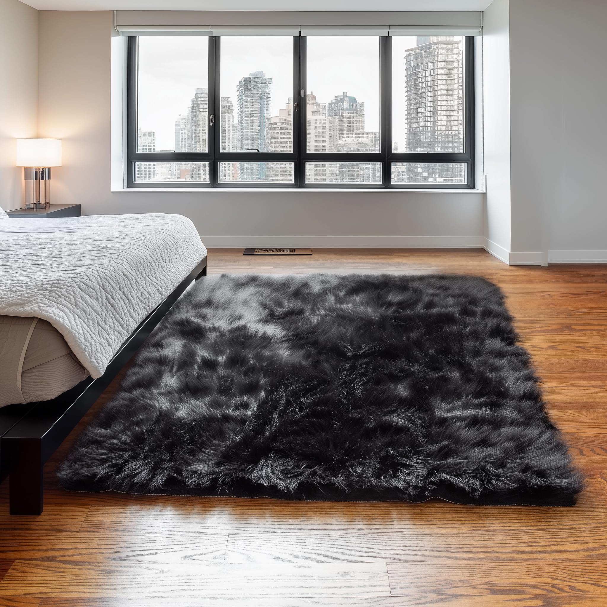 Black Serene Faux Fur Solid Fake Sheepskin Rug