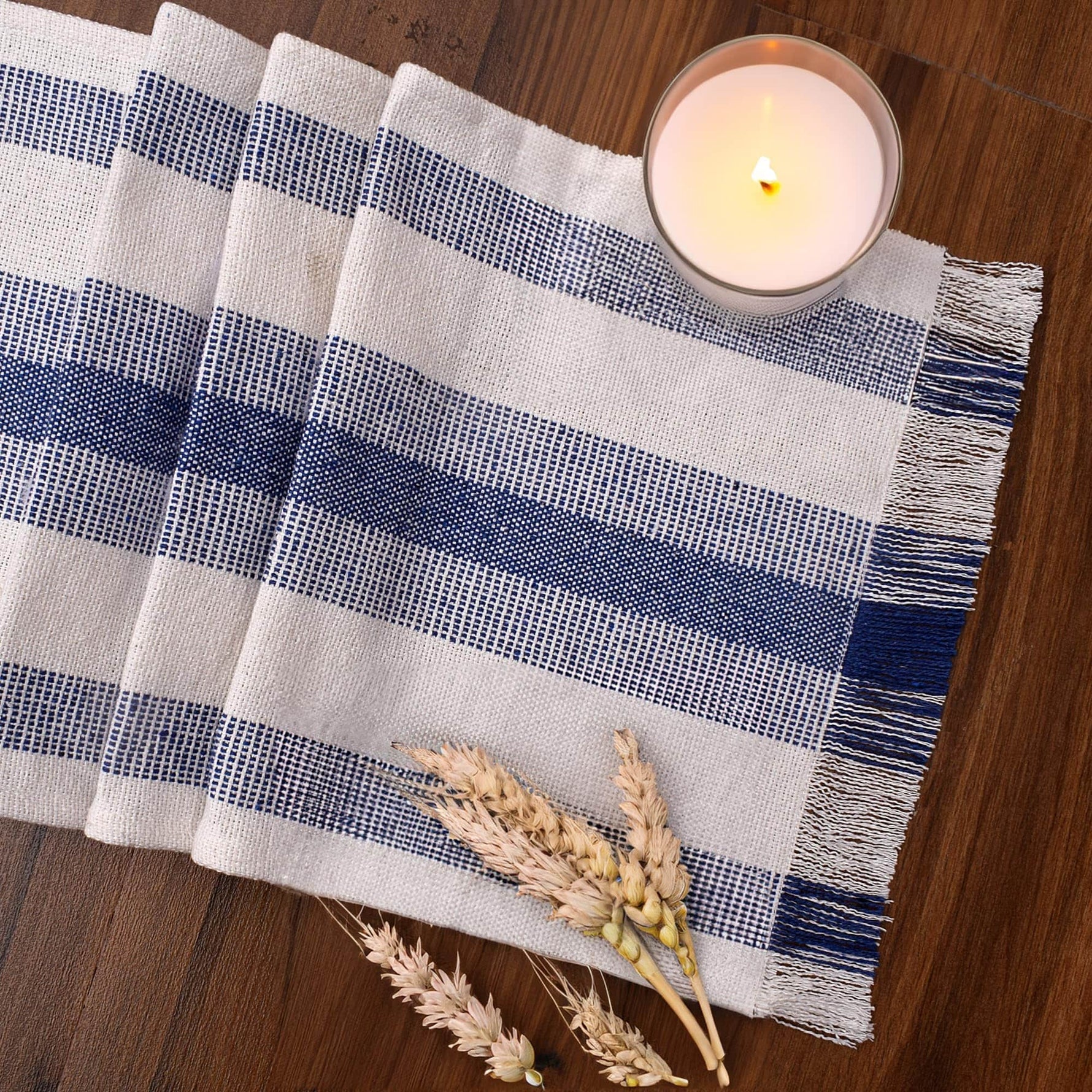 Ivory, Blue Table Runner Cotton Farmhouse Inspired