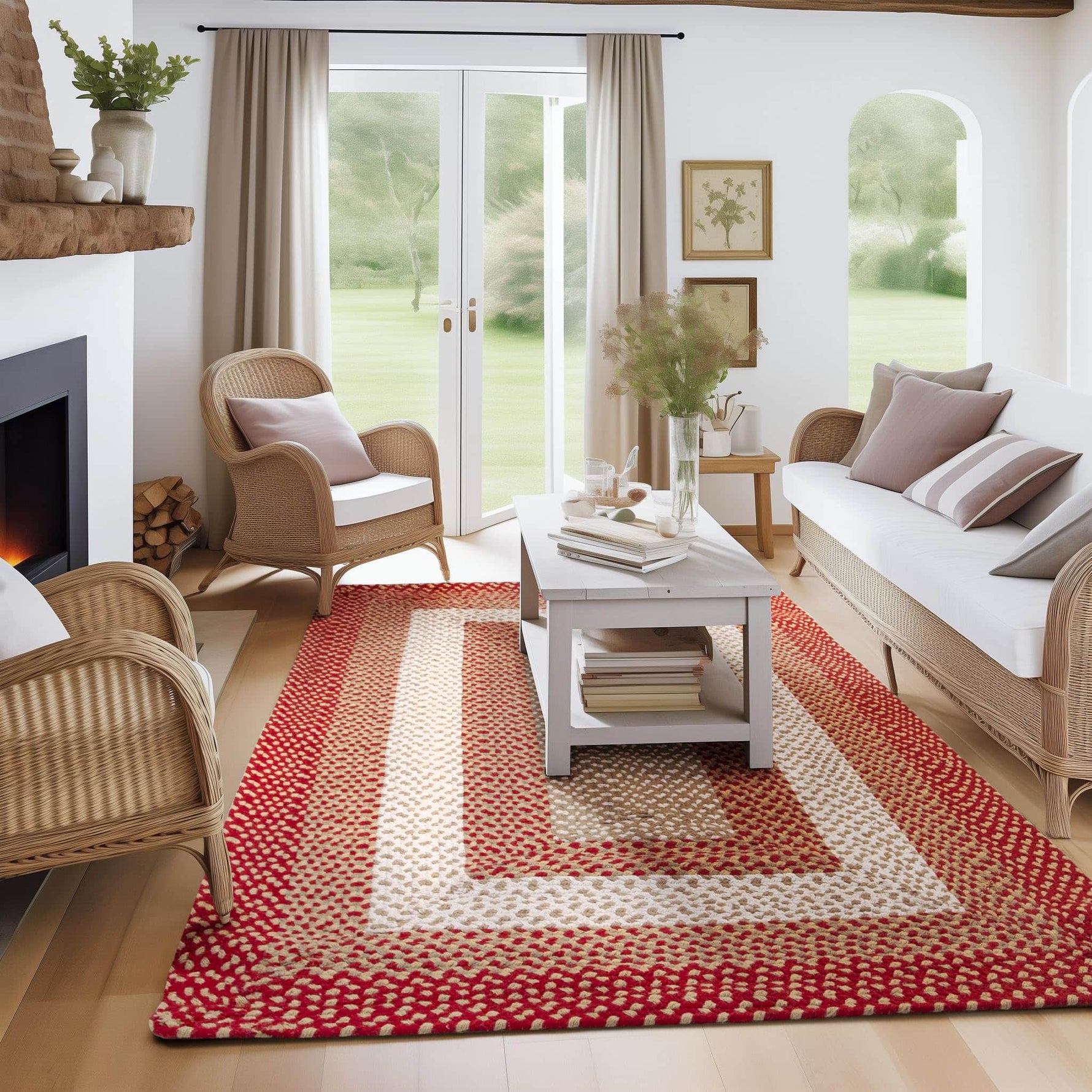 Red, Cream Braided Rug - Soft Cotton Bordered Area Rug for Rustic Farmhouses