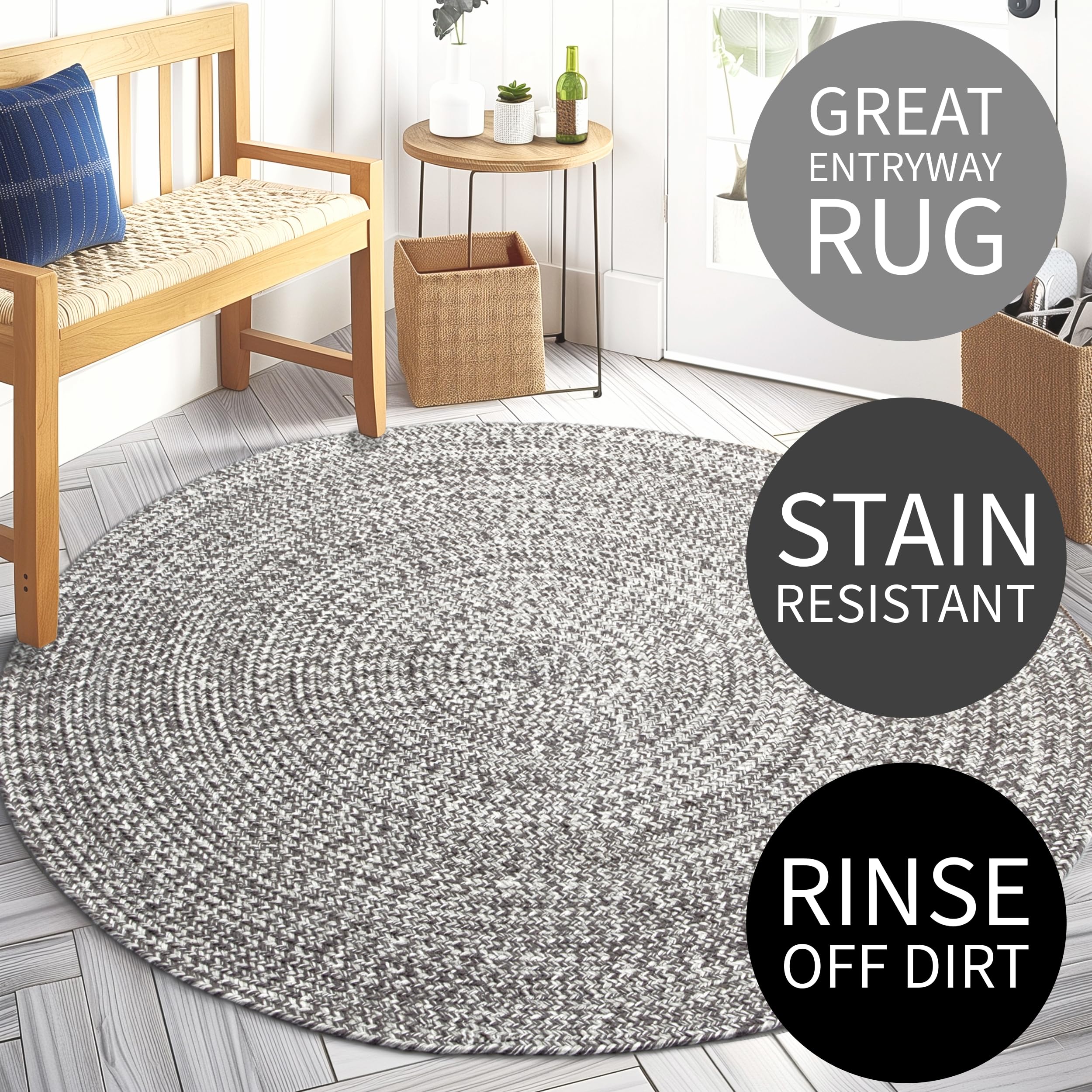 Charcoal, Gray, Light Gray, White Indoour Outdoor Braided Kitchen Rug