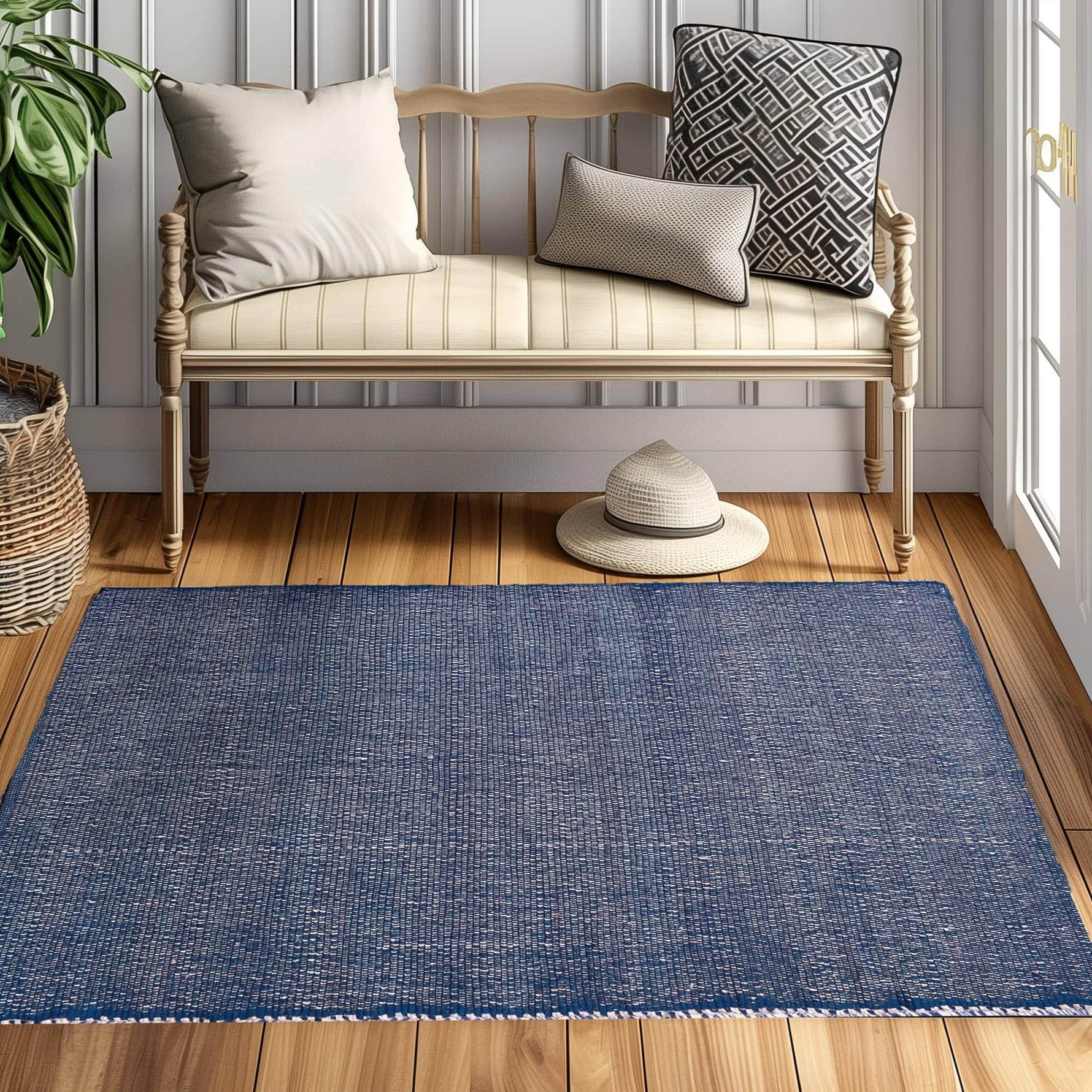 Navy Jute & Cotton Woven Rug - Simple Farmhouse Reversible Rug