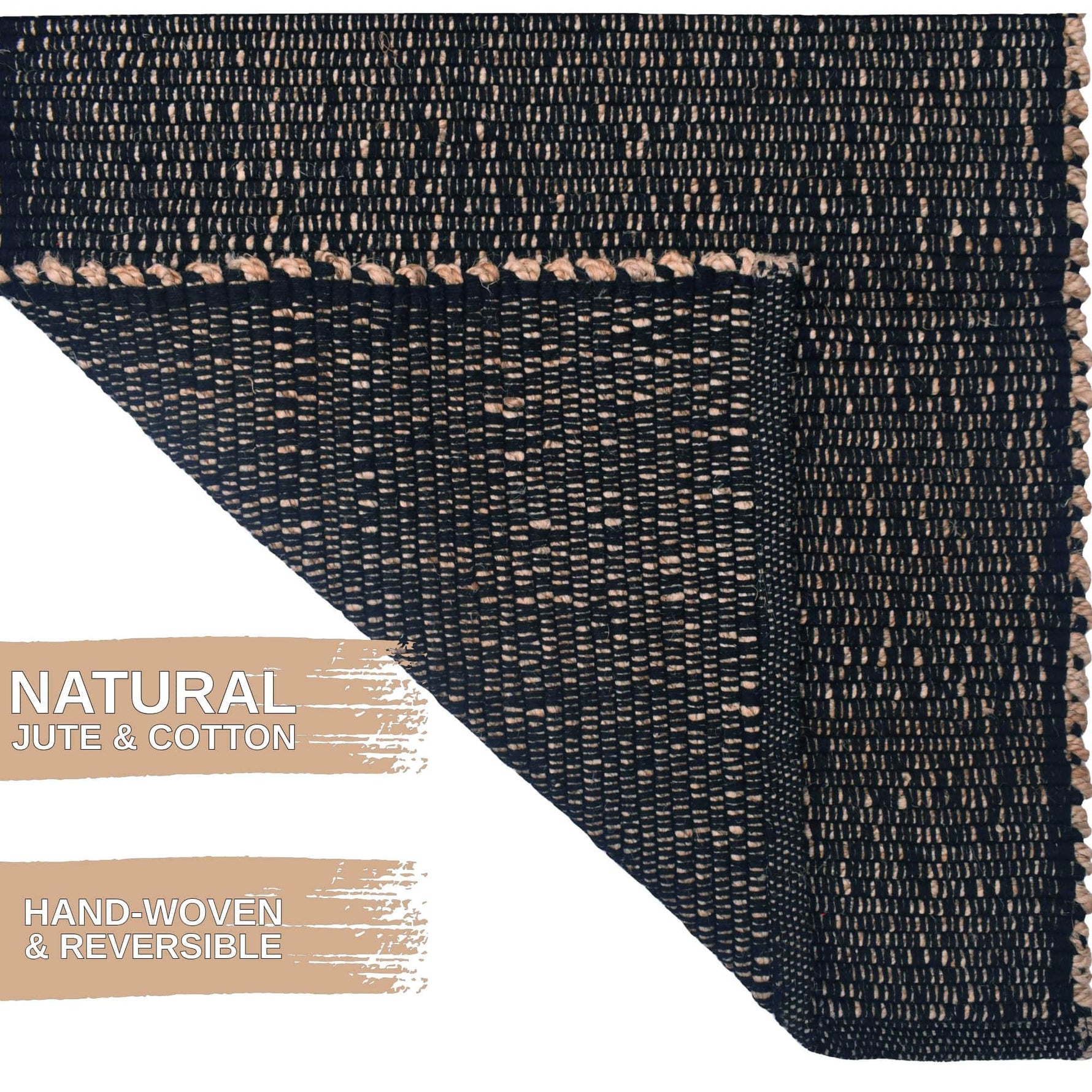 Black Jute & Cotton Woven Rug - Simple Farmhouse Reversible Rug