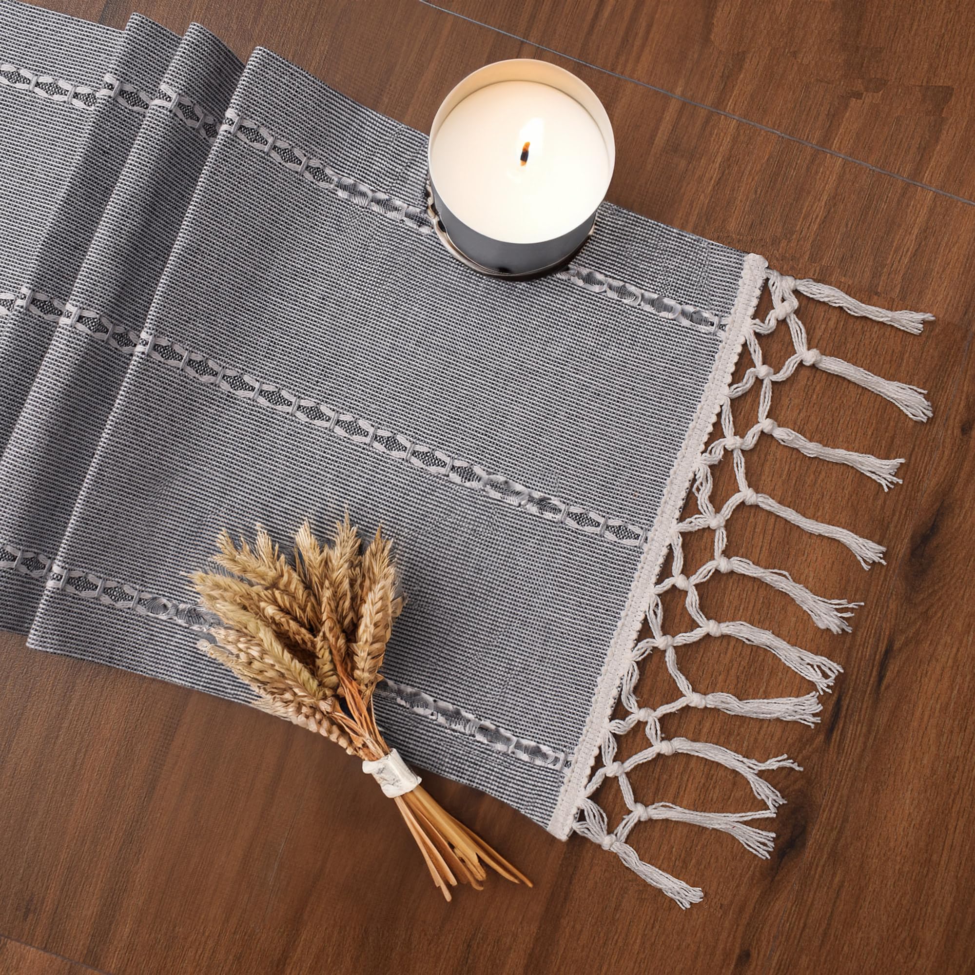 Ivory, Gray Table Runner Cotton Farmhouse Inspired