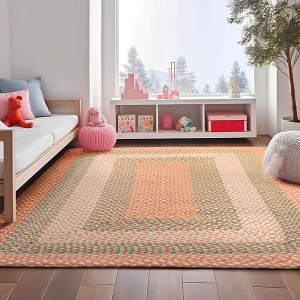 Coral, Green Braided Rug - Soft Cotton Bordered Area Rug for Kids Rooms & Nursery