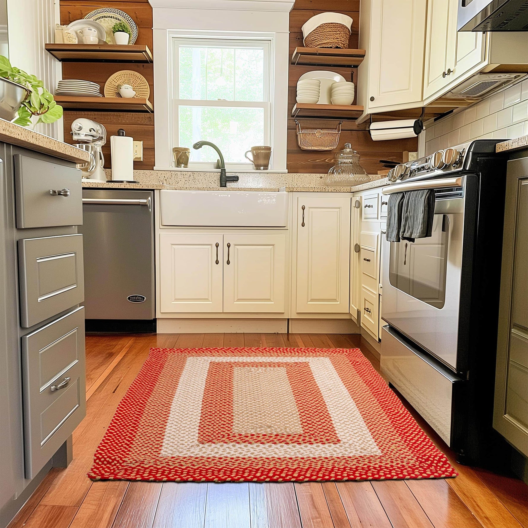 Red, Cream Braided Rug - Soft Cotton Bordered Area Rug for Rustic Farmhouses