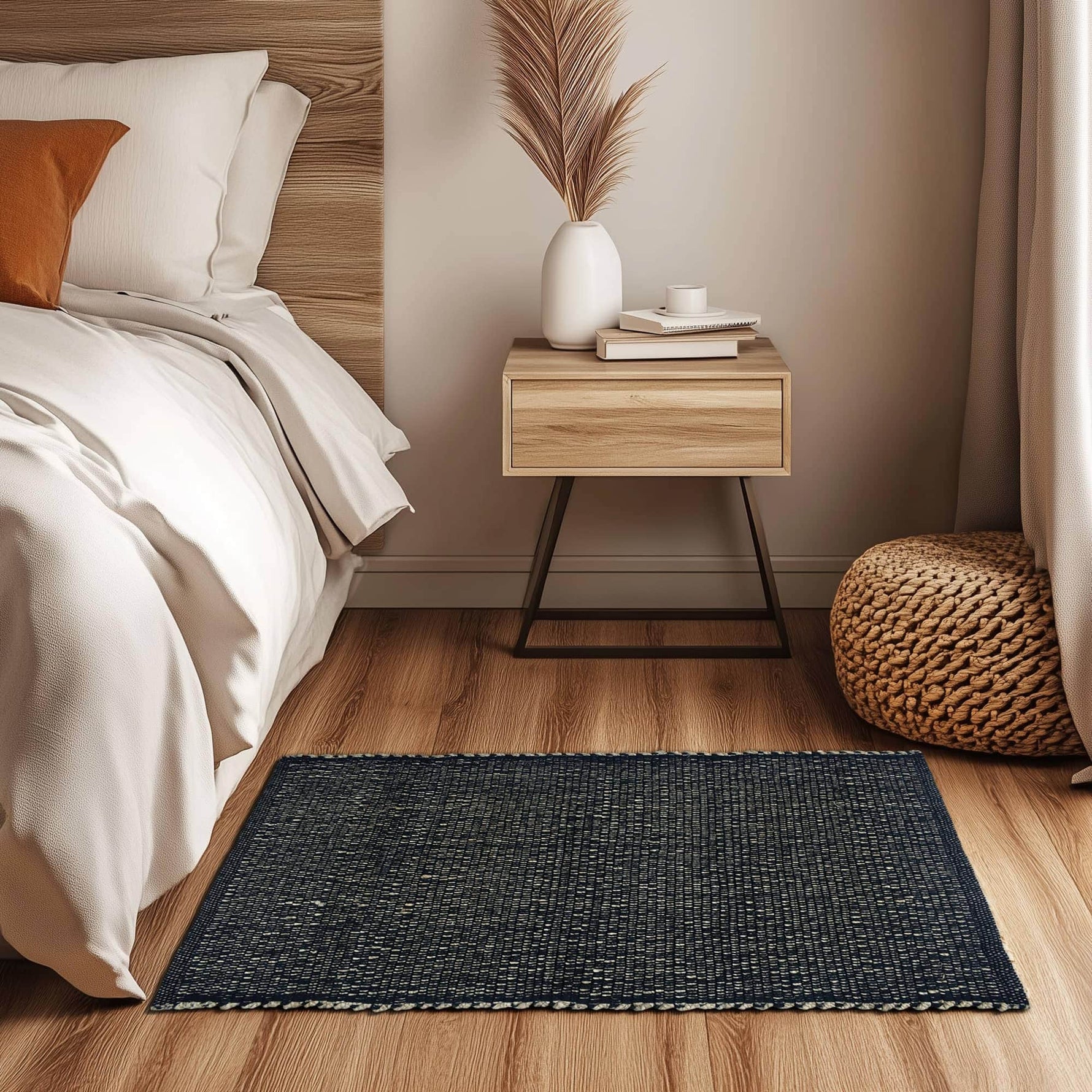 Black Jute & Cotton Woven Rug - Simple Farmhouse Reversible Rug