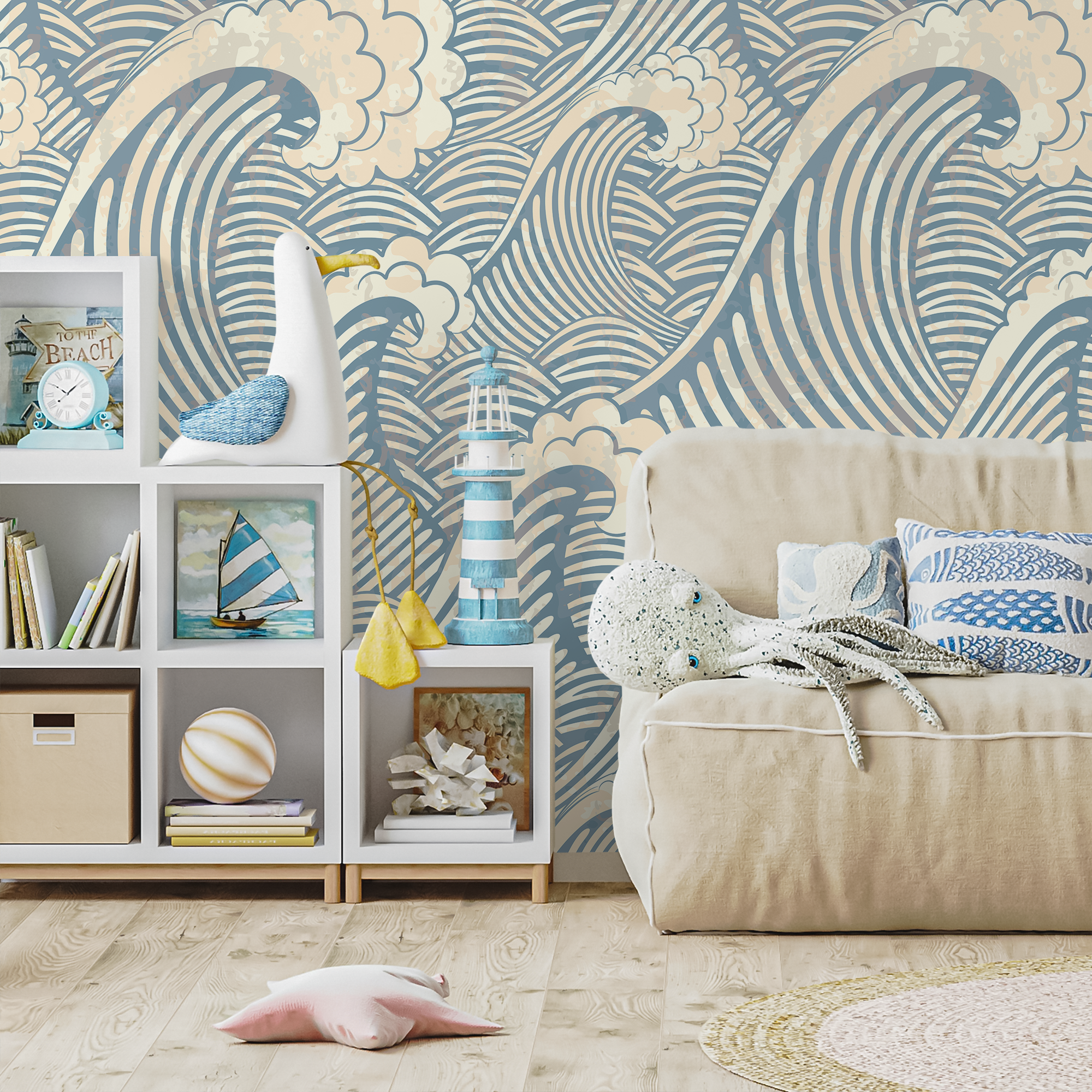 Nautical Wallpaper with Japanese Inspired Waves in Blue and Beige - A464