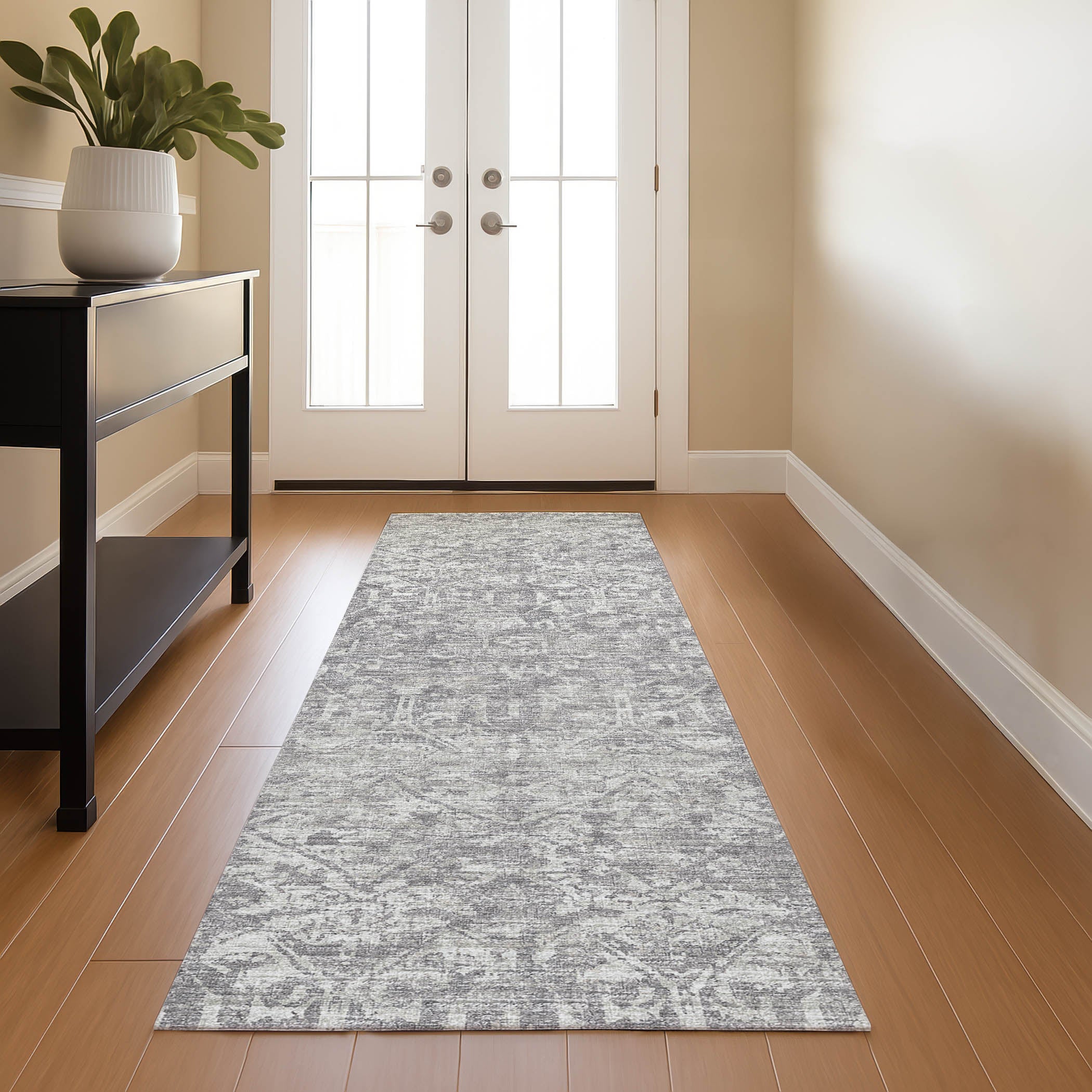 Luxury Machine Washable Indoor/Outdoor Traditional AB1 Flannel Gray Rug 2'3" x 7'6" #shape_Rectangle