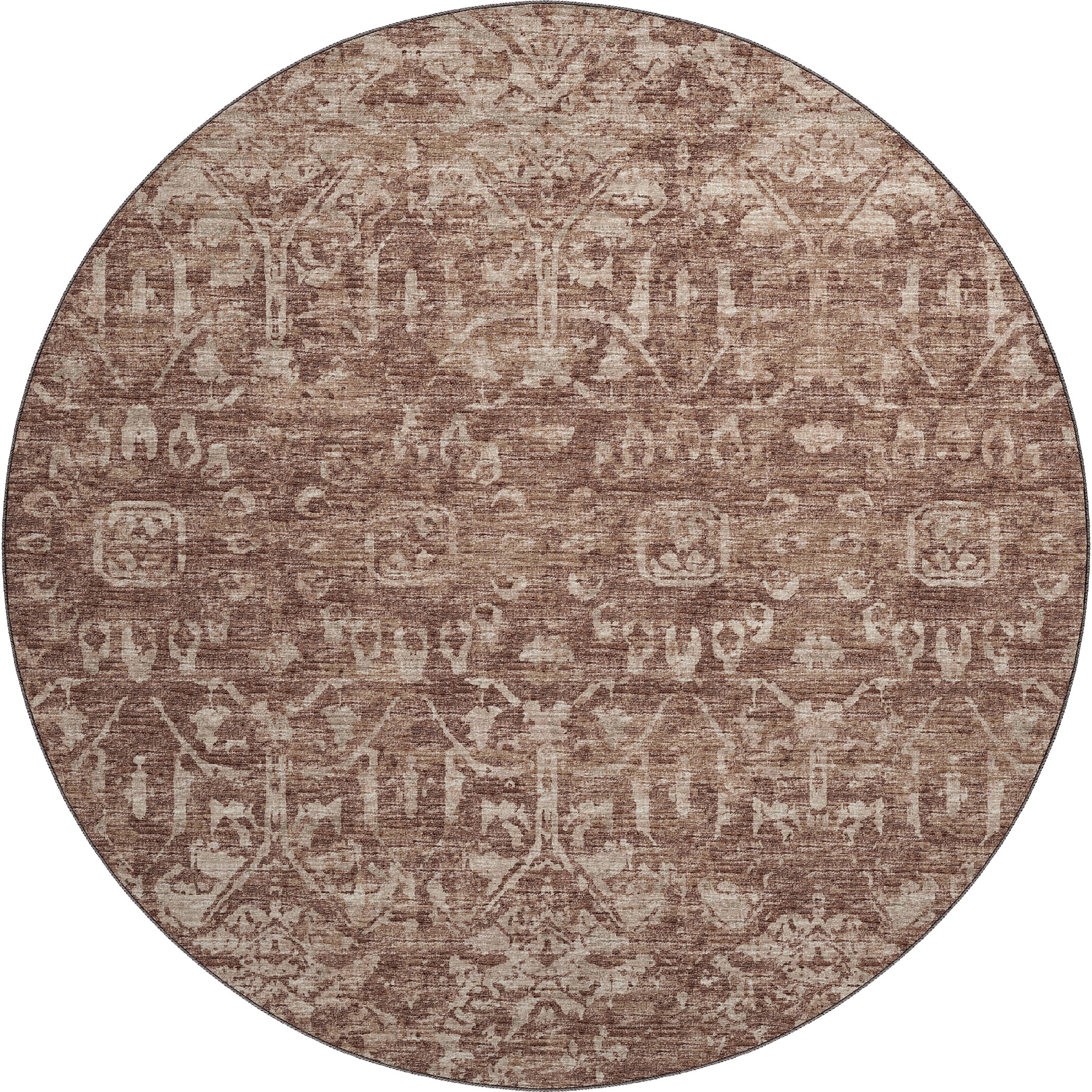 Luxury Machine Washable Indoor/Outdoor Traditional AB1 Mink Brown Rug 8' x 8' #shape_Round