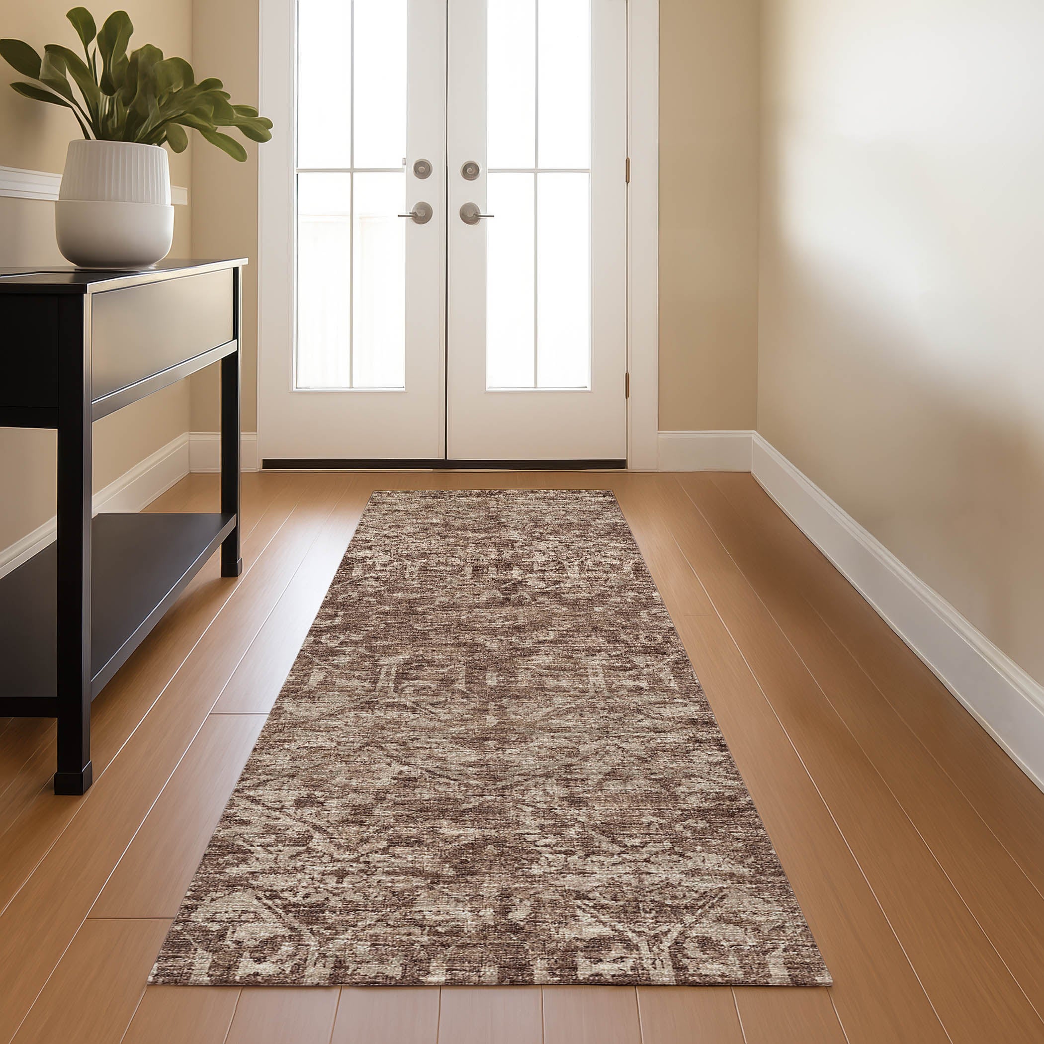 Luxury Machine Washable Indoor/Outdoor Traditional AB1 Mink Brown Rug 2'3" x 7'6" #shape_Rectangle