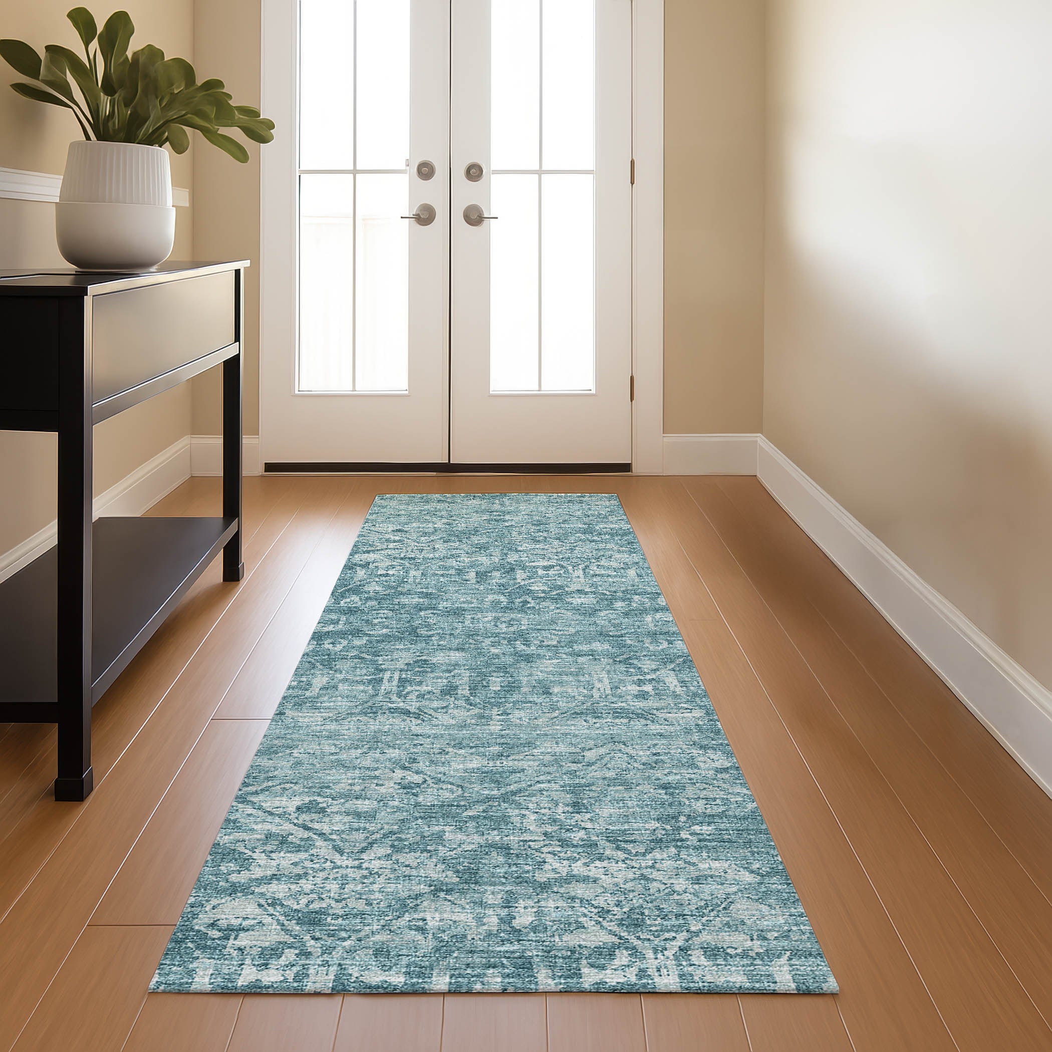 Luxury Machine Washable Indoor/Outdoor Traditional AB1 Seaside Blue Rug 2'3" x 7'6" #shape_Rectangle