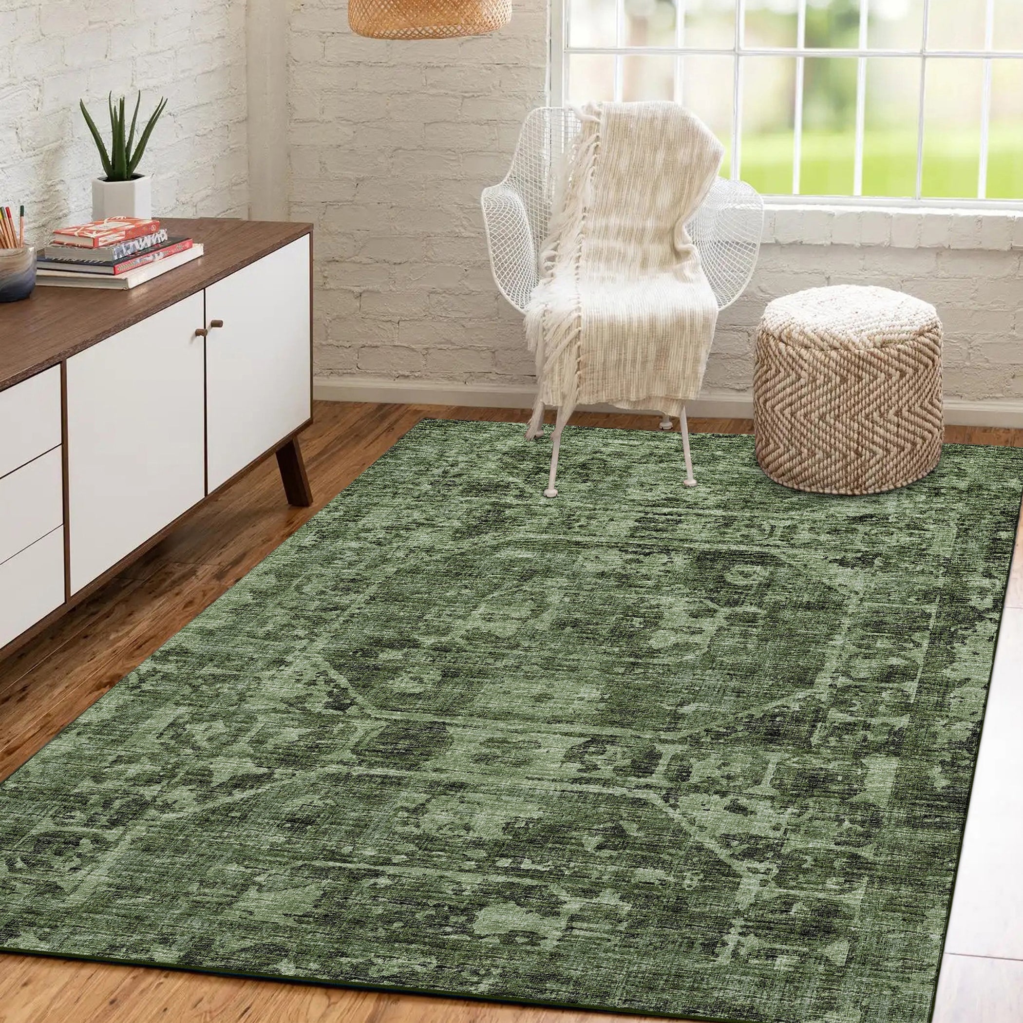 Luxury Machine Washable Indoor/Outdoor Traditional AB2 Cactus Green Rug 3' x 5' #shape_Rectangle