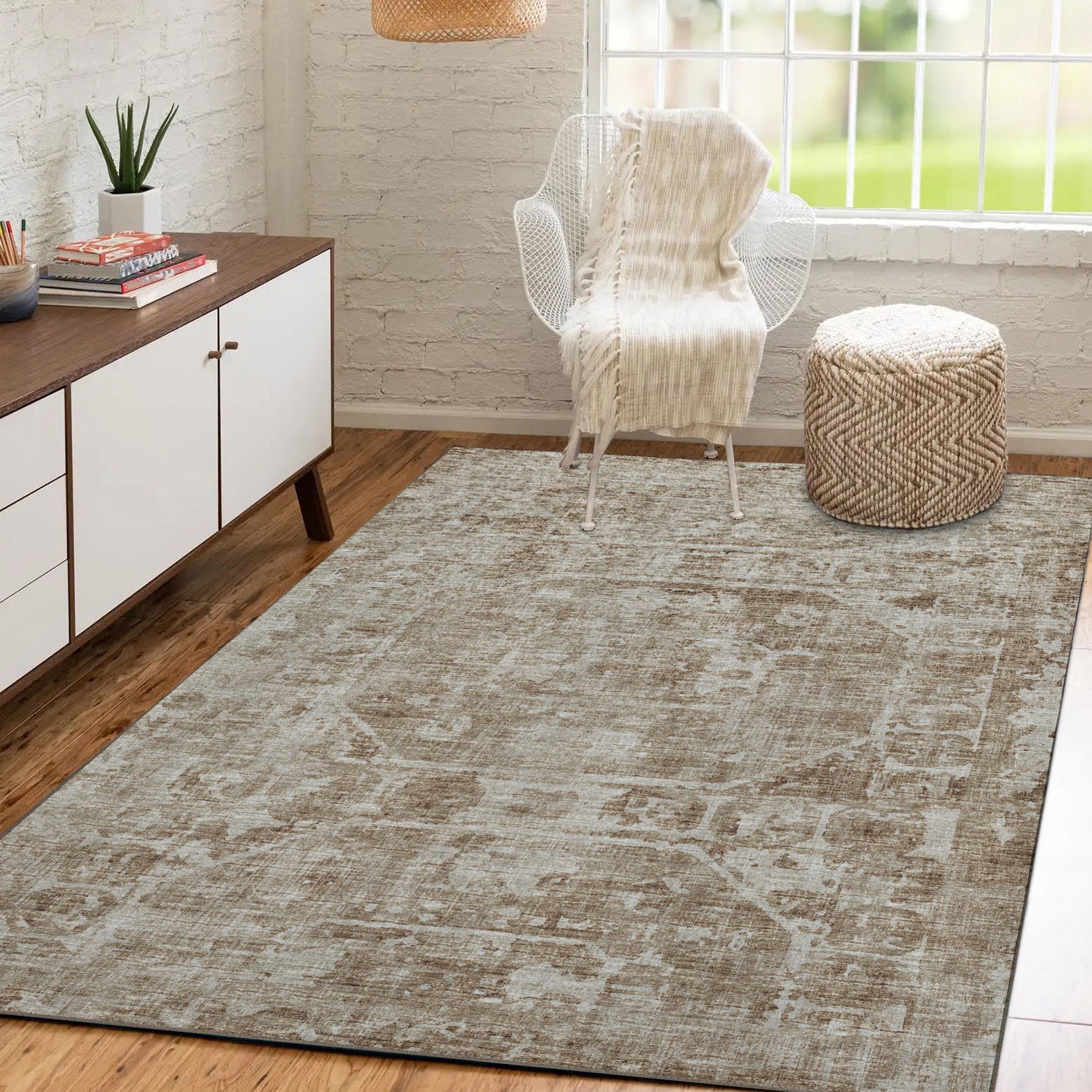 Luxury Machine Washable Indoor/Outdoor Traditional AB2 Driftwood Brown Rug 3' x 5' #shape_Rectangle