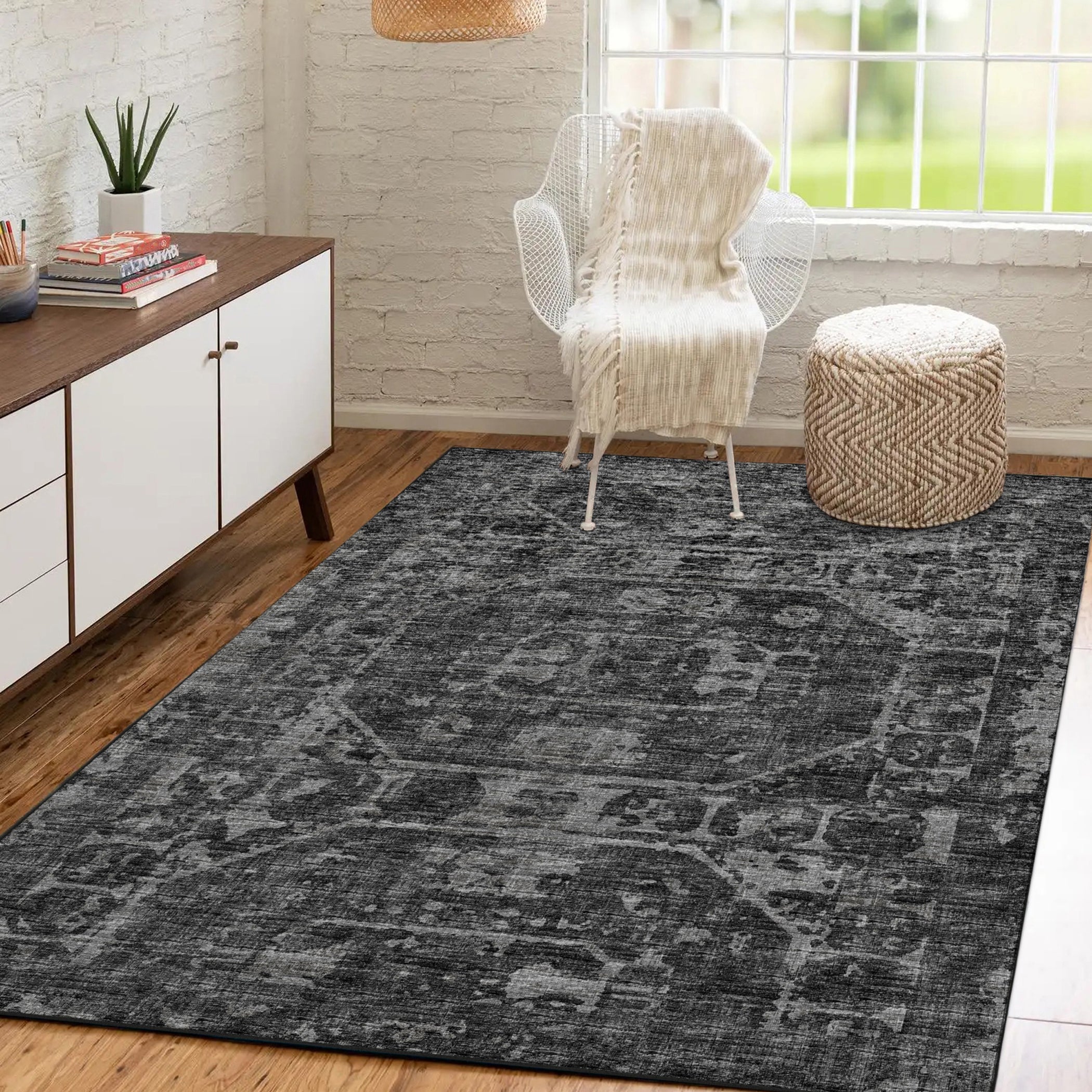 Luxury Machine Washable Indoor/Outdoor Traditional AB2 Midnight Black Rug 3' x 5' #shape_Rectangle