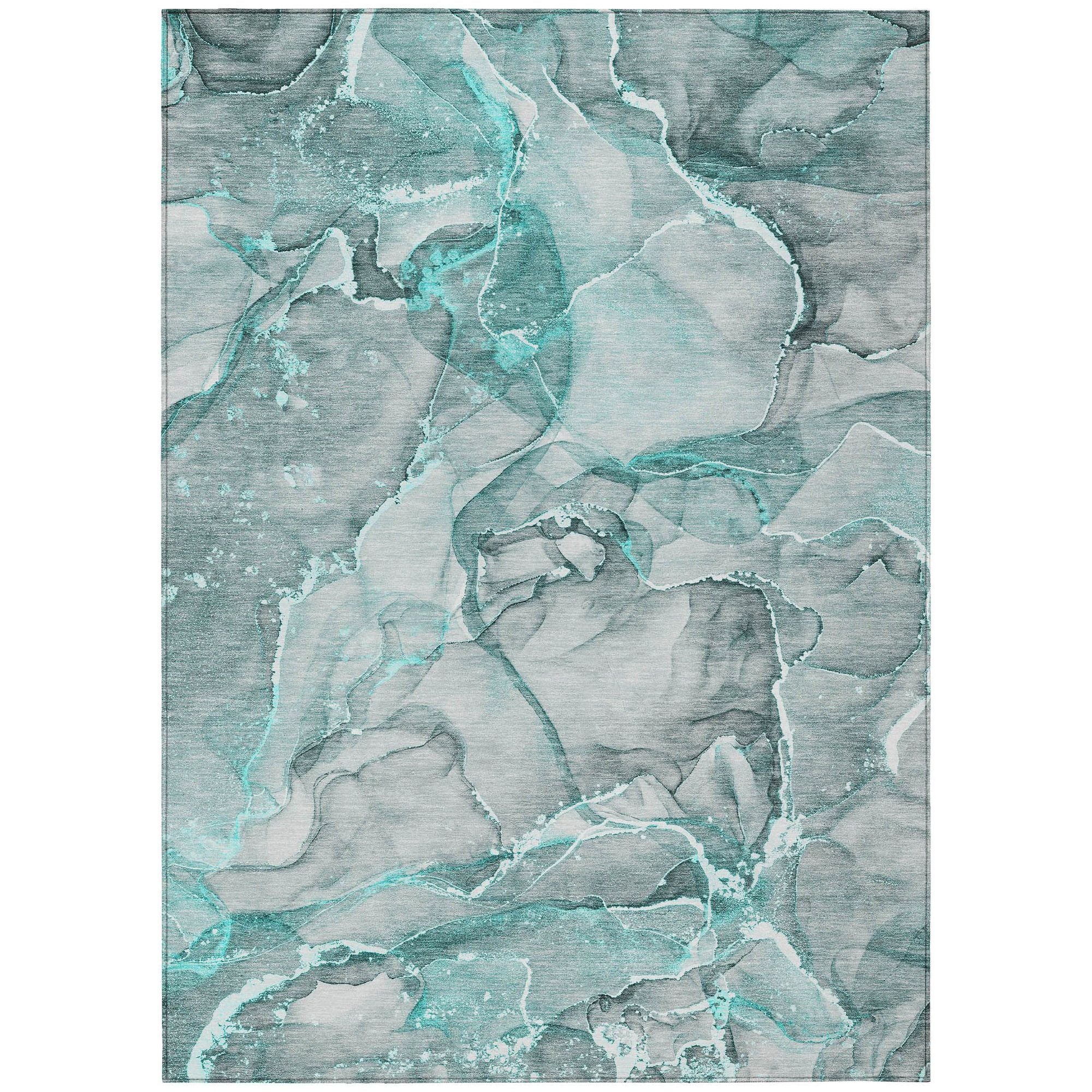 Machine Washable Teal Rug - Indoor / Outdoor - Kids / Pet Friendly Watercolors Print Rug
