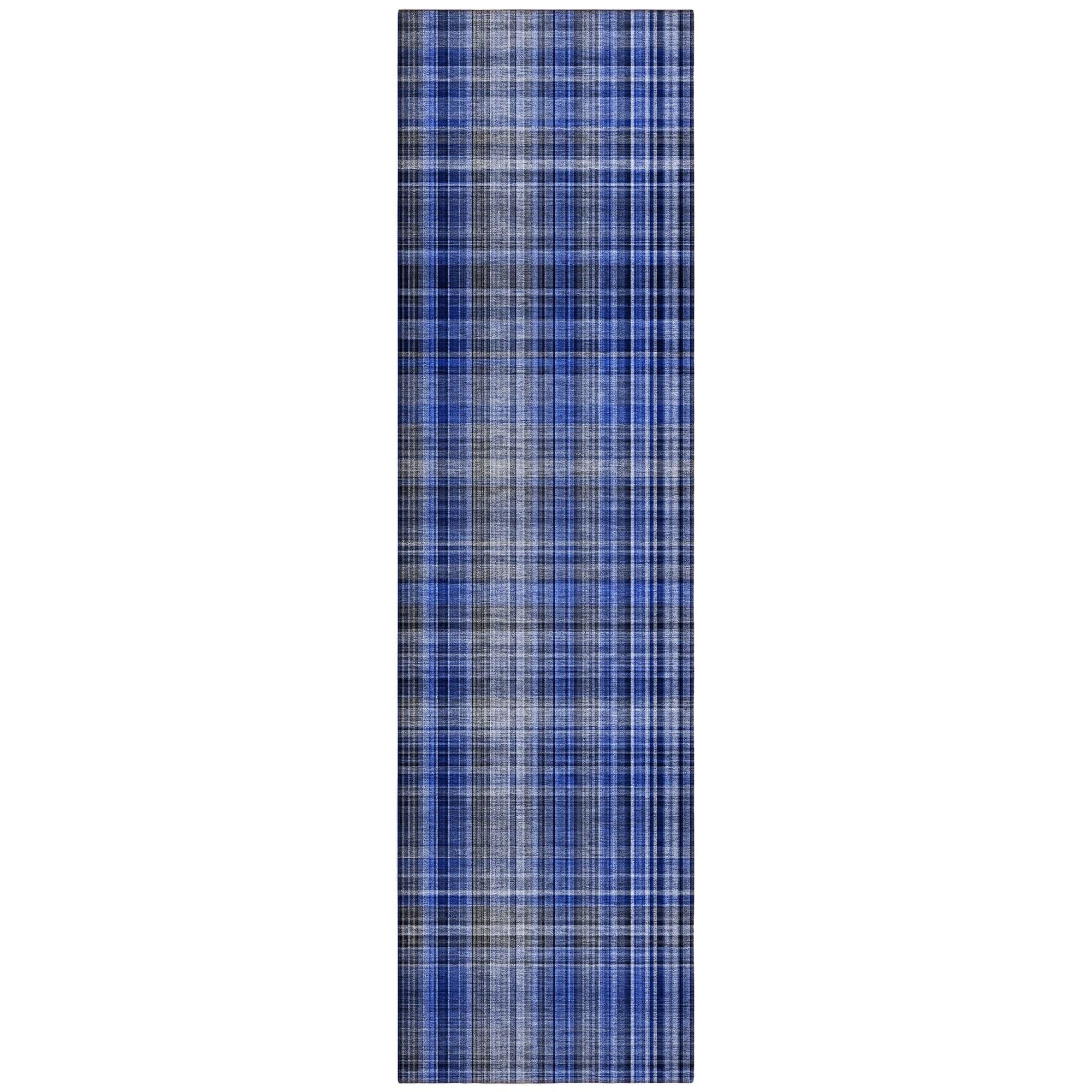 Machine Washable Navy Blue Rug - Indoor / Outdoor - Kids / Pet Friendly Plaid Print Rug