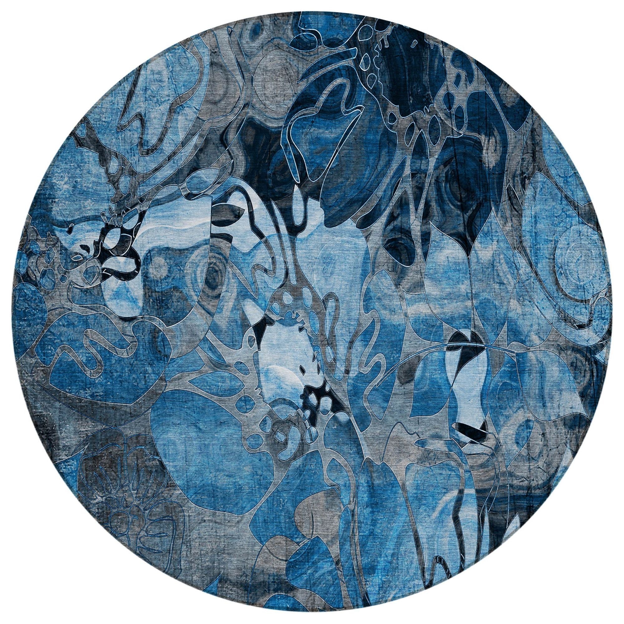 Machine Washable Blue Rug - Indoor / Outdoor - Kids / Pet Friendly Floral Print Rug