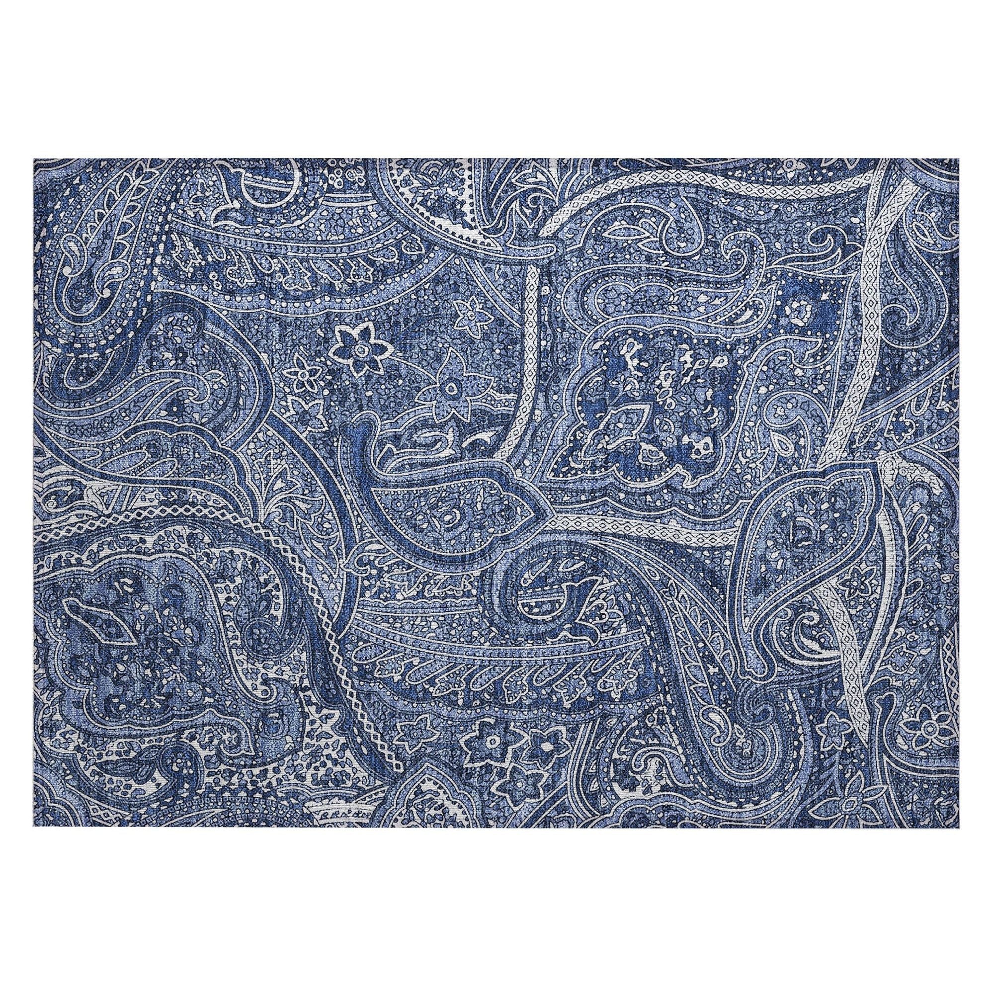 Machine Washable Navy Blue Rug - Indoor / Outdoor - Kids / Pet Friendly Paisley Print Rug