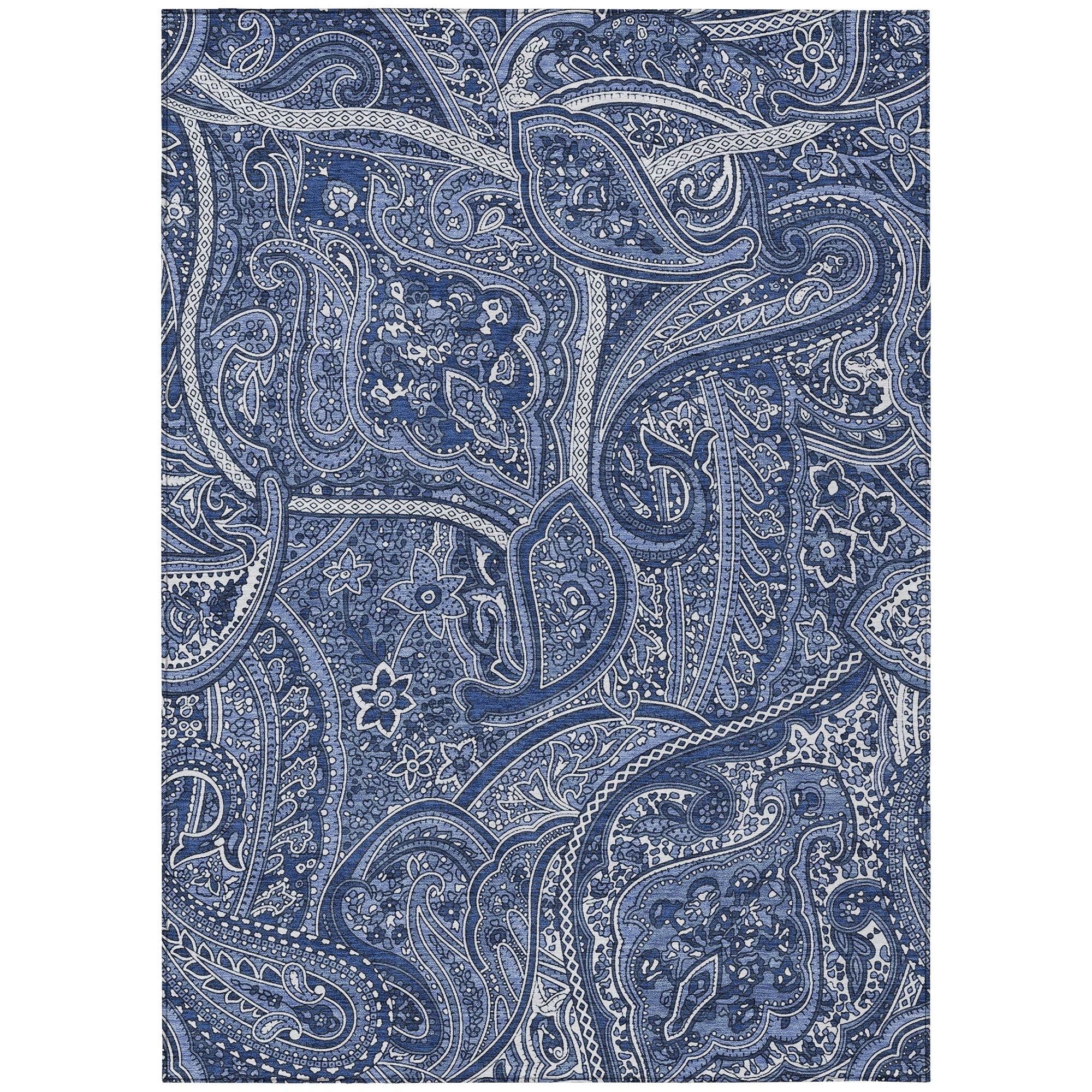 Machine Washable Navy Blue Rug - Indoor / Outdoor - Kids / Pet Friendly Paisley Print Rug