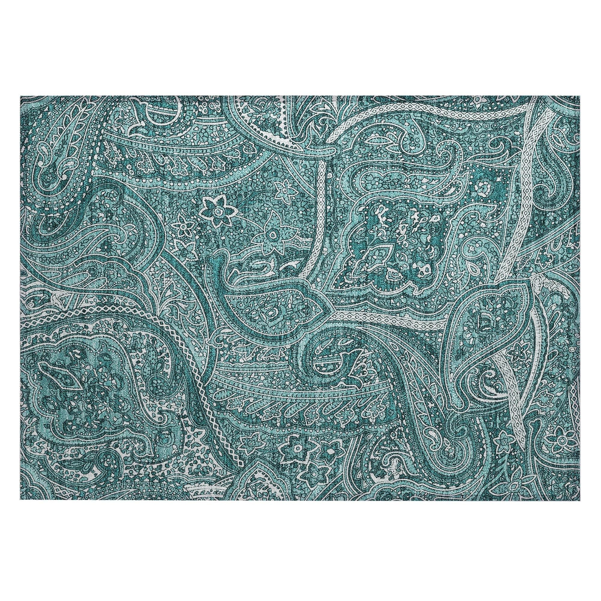Machine Washable Teal Rug - Indoor / Outdoor - Kids / Pet Friendly Paisley Print Rug