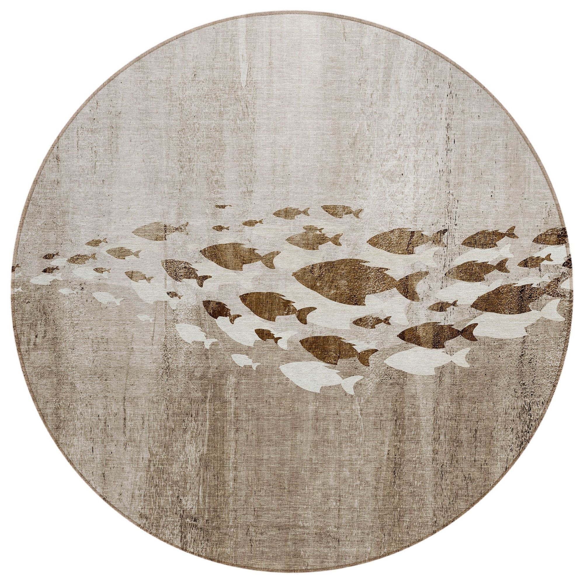 Machine Washable Taupe Brown Rug - Indoor / Outdoor - Kids / Pet Friendly Nautical Print Rug