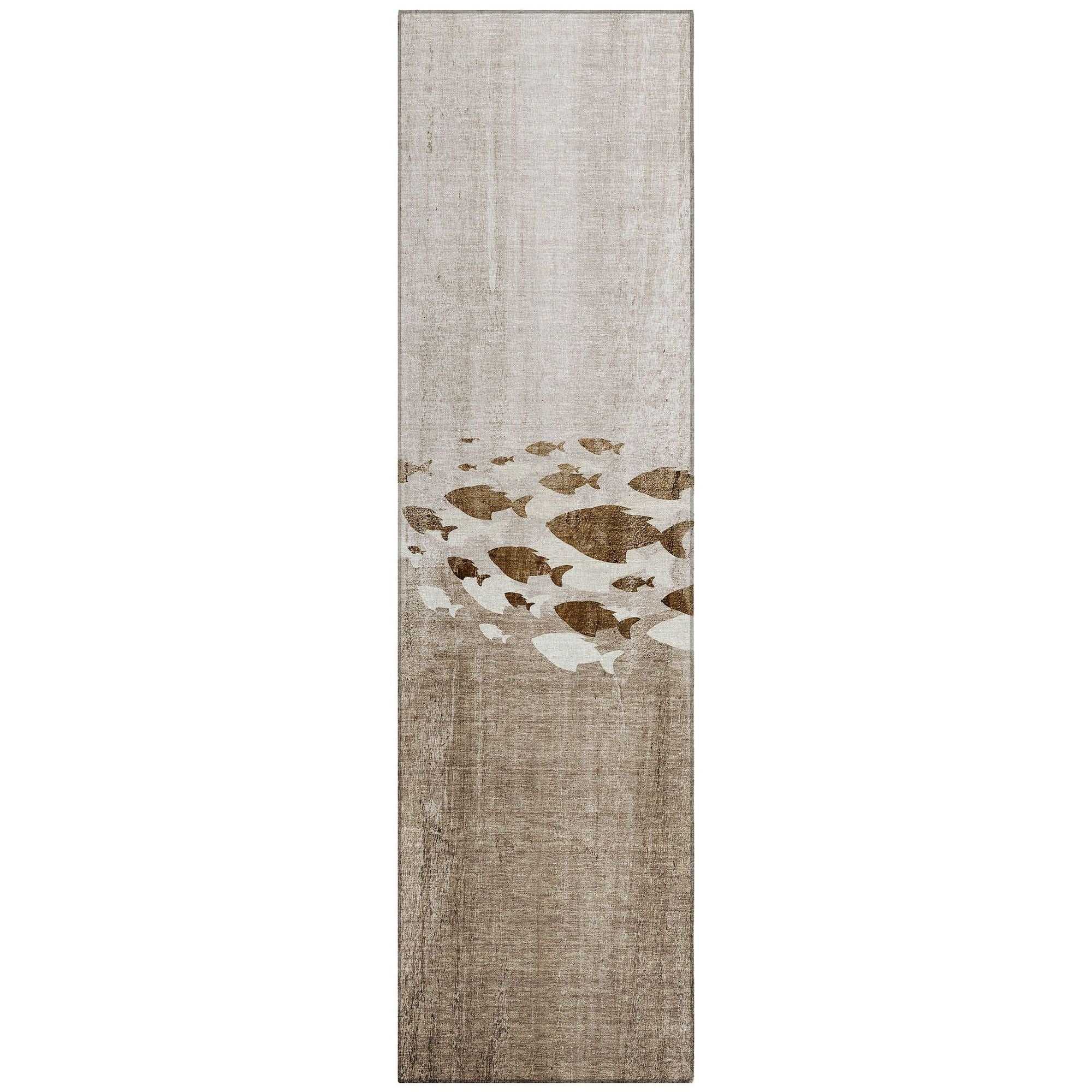 Machine Washable Taupe Brown Rug - Indoor / Outdoor - Kids / Pet Friendly Nautical Print Rug