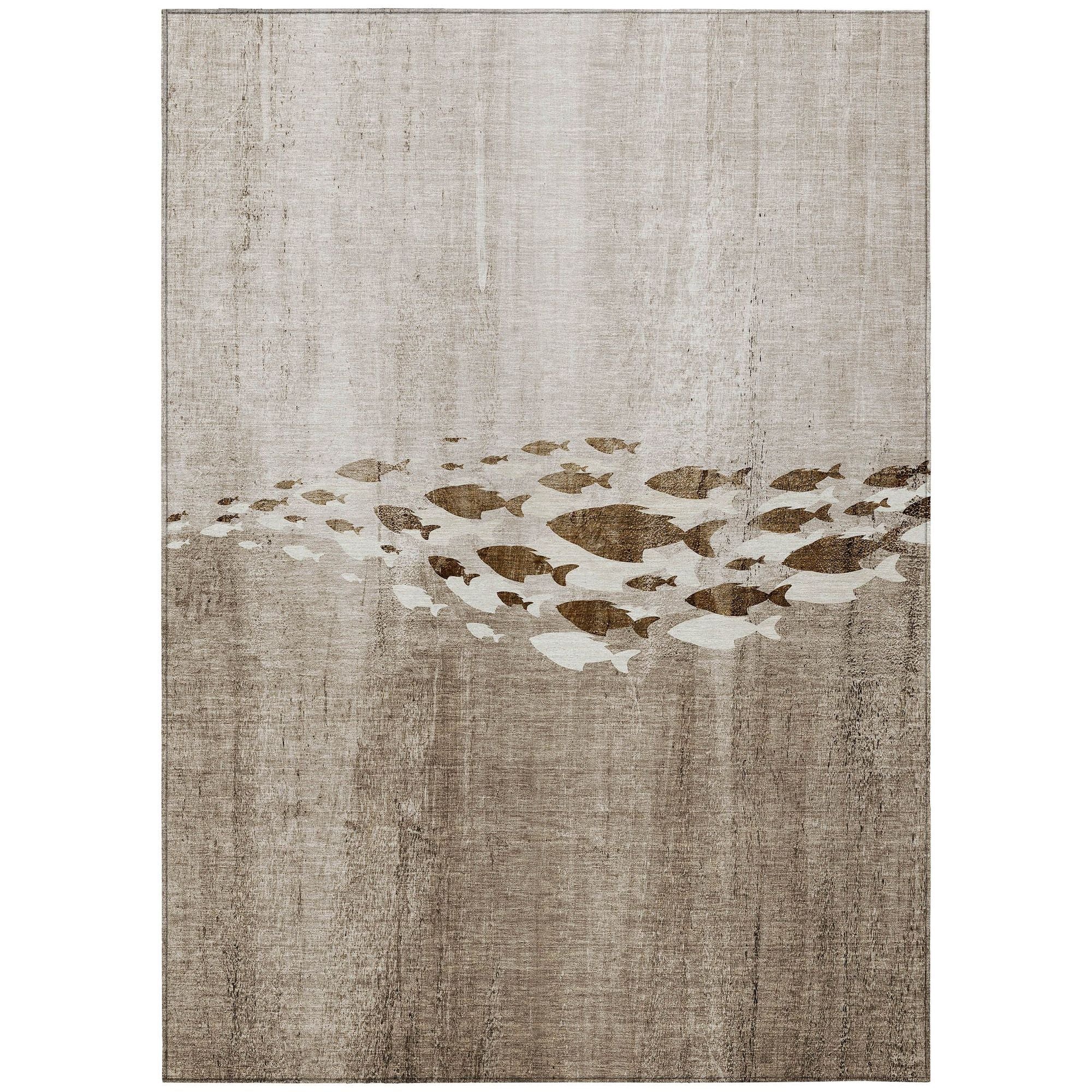Machine Washable Taupe Brown Rug - Indoor / Outdoor - Kids / Pet Friendly Nautical Print Rug