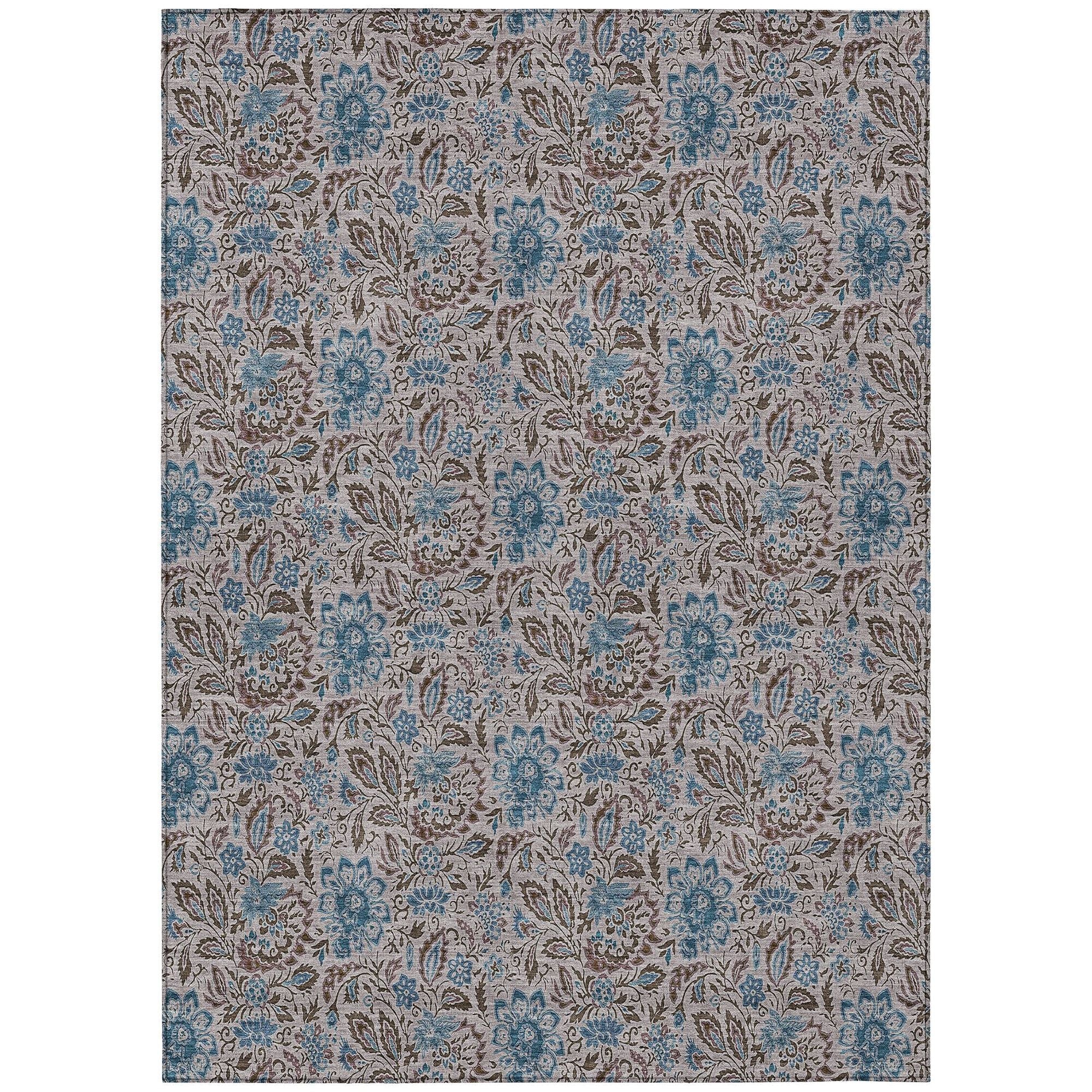 Machine Washable Mocha Brown Rug - Indoor / Outdoor - Kids / Pet Friendly Floral Print Rug
