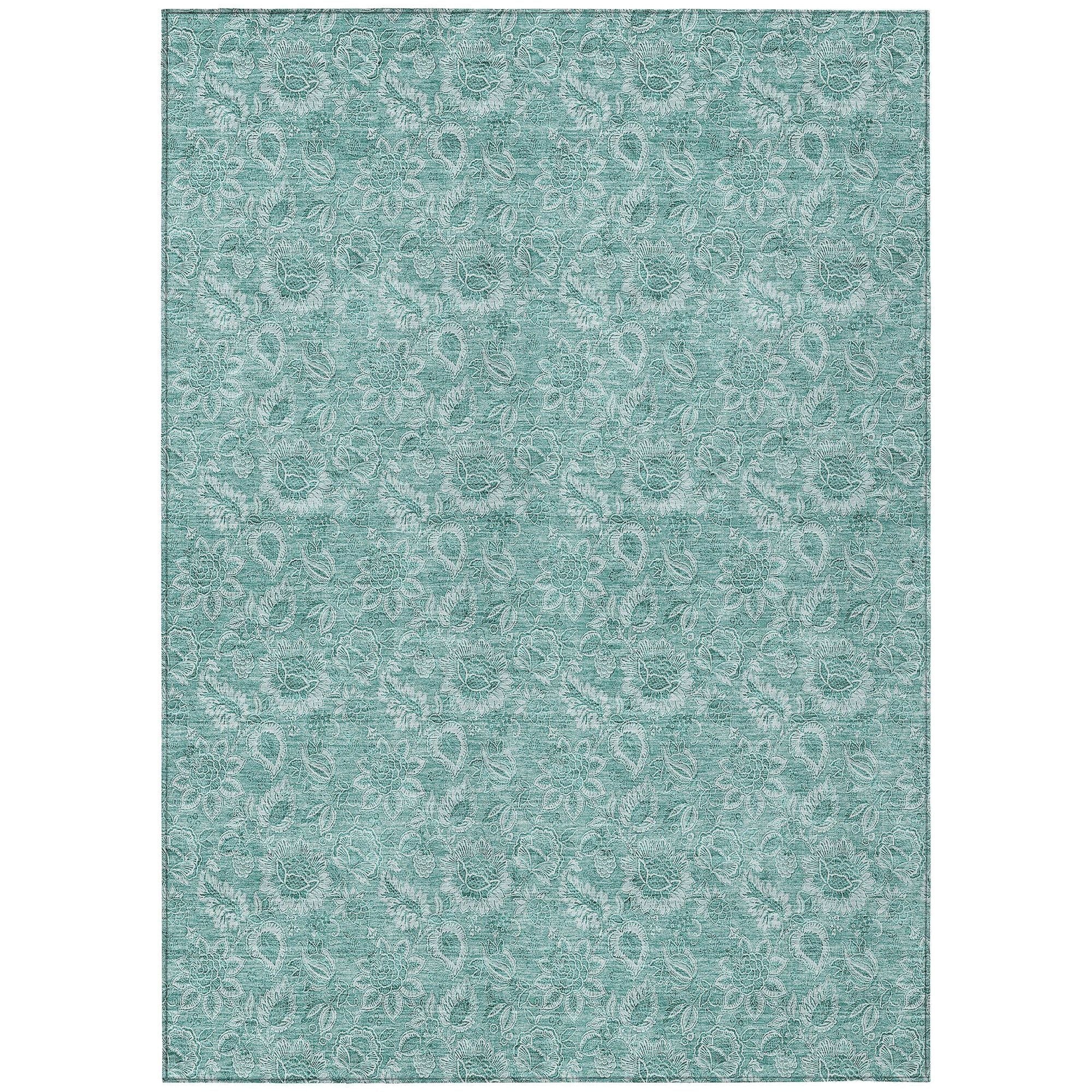 Machine Washable Teal Rug - Indoor / Outdoor - Kids / Pet Friendly Floral Print Rug