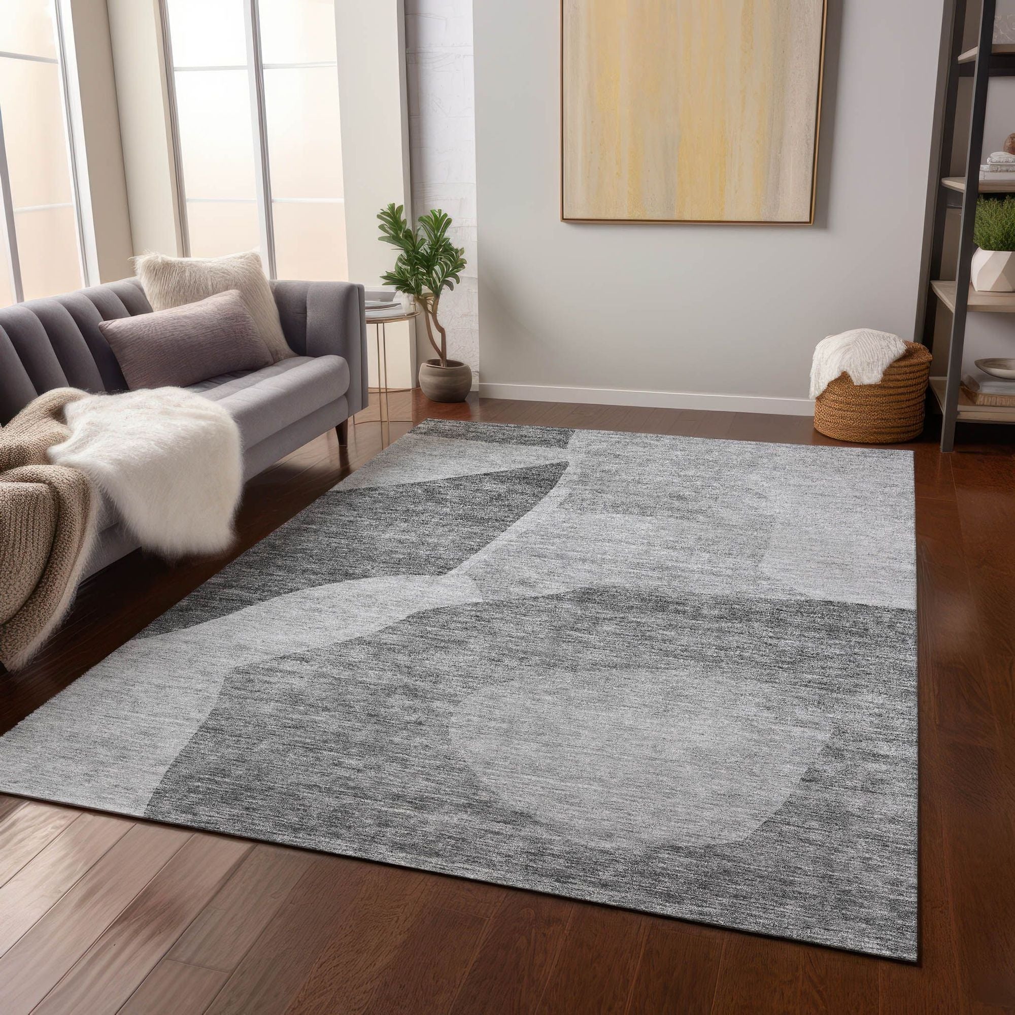 Machine Washable Silver Gray Rug - Indoor / Outdoor - Kids / Pet Friendly Abstract Print Rug