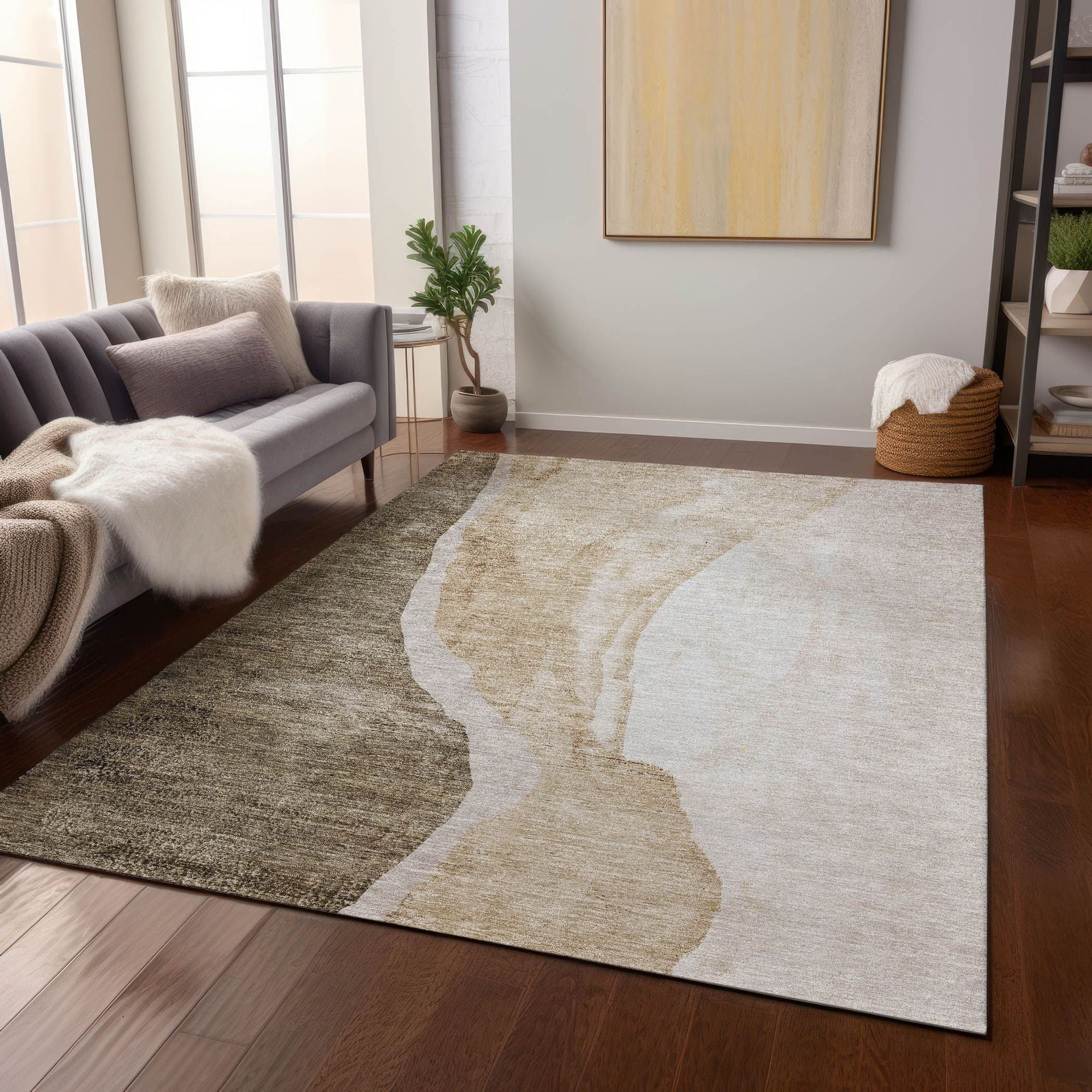 Machine Washable Brown Rug - Indoor / Outdoor - Kids / Pet Friendly Abstract Print Rug