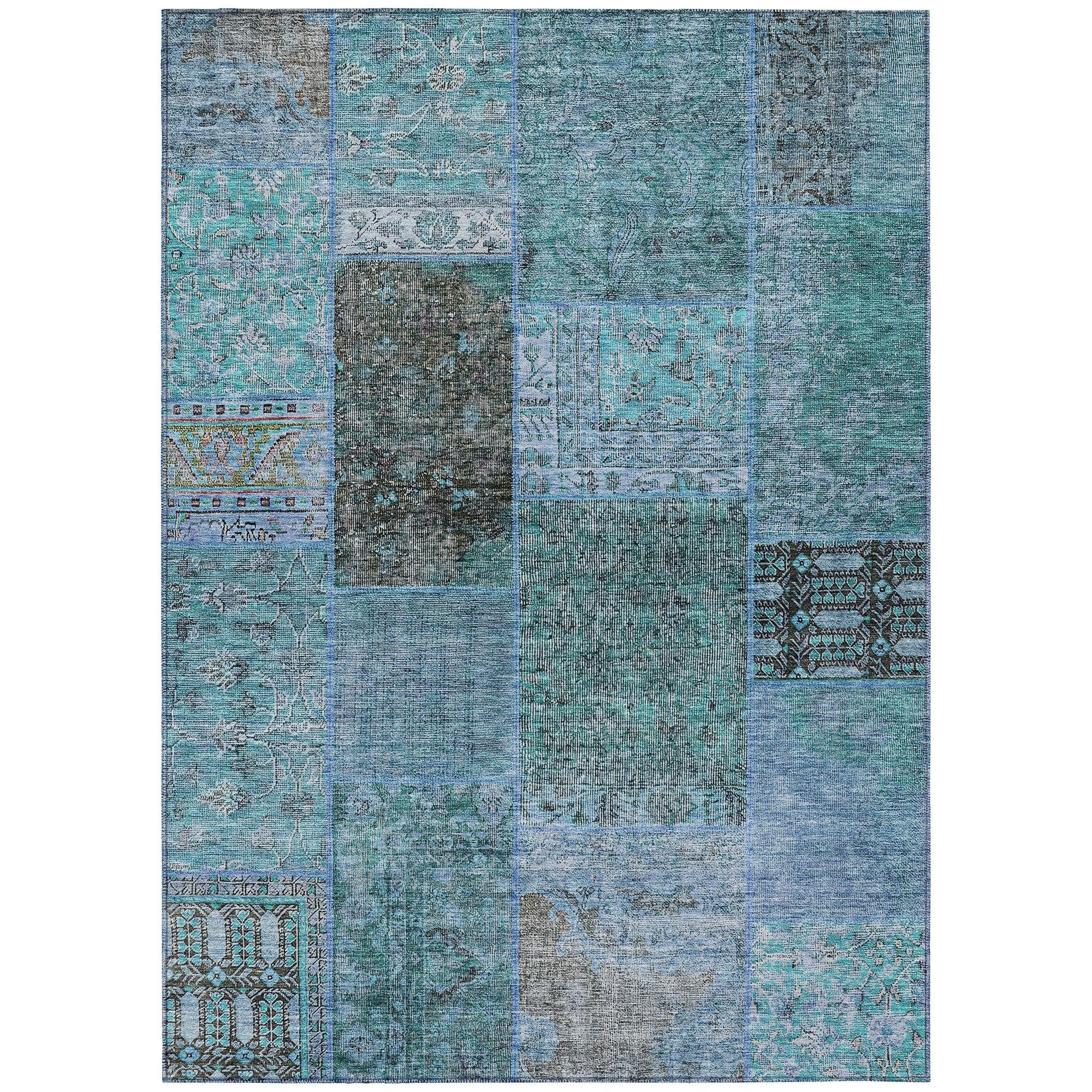 Machine Washable Teal Rug - Indoor / Outdoor - Kids / Pet Friendly Patchwork Print Rug
