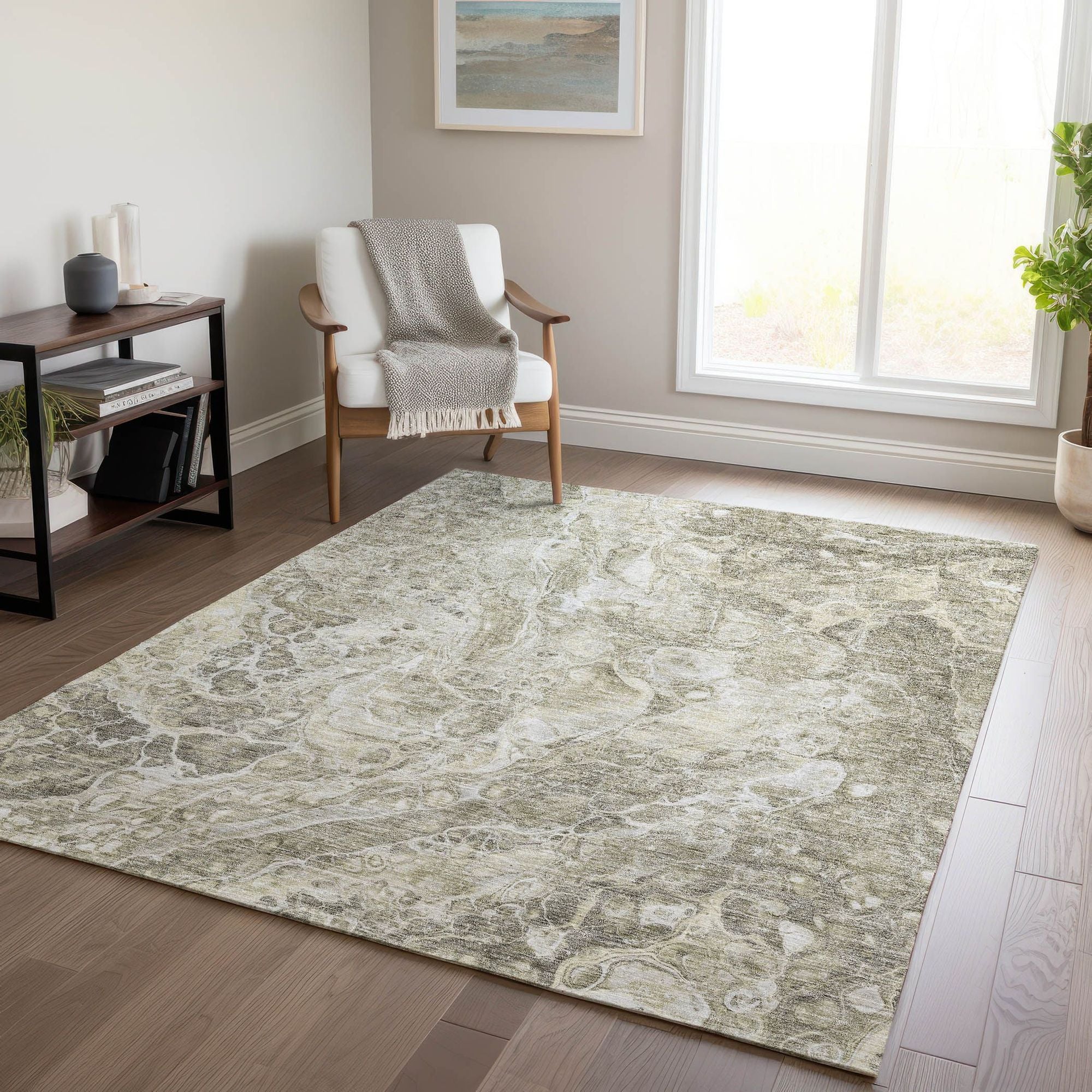 Machine Washable Tan Brown Rug - Indoor / Outdoor - Kids / Pet Friendly Abstract Print Rug