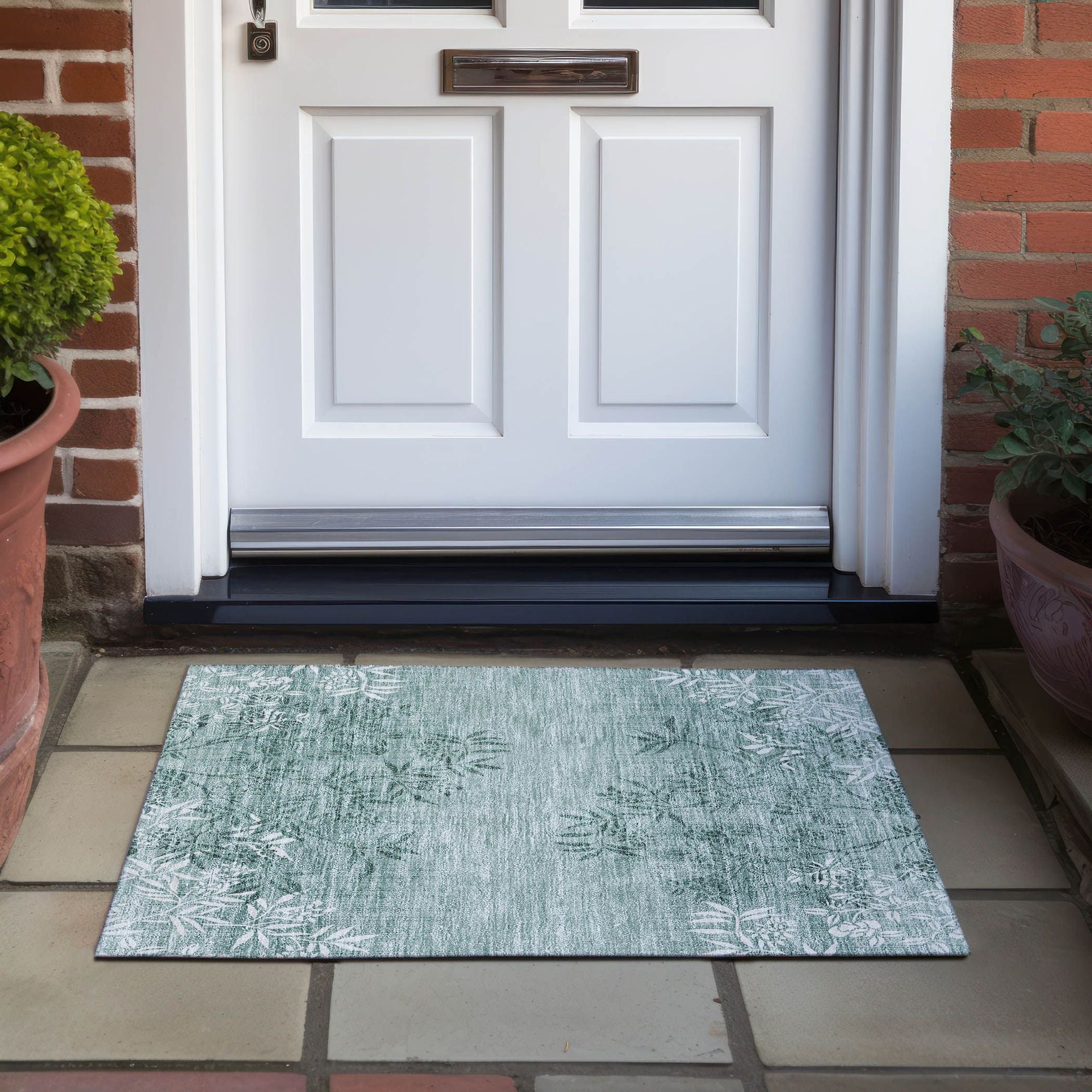 Machine Washable Sage Green Rug - Indoor / Outdoor - Kids / Pet Friendly Floral Print Rug