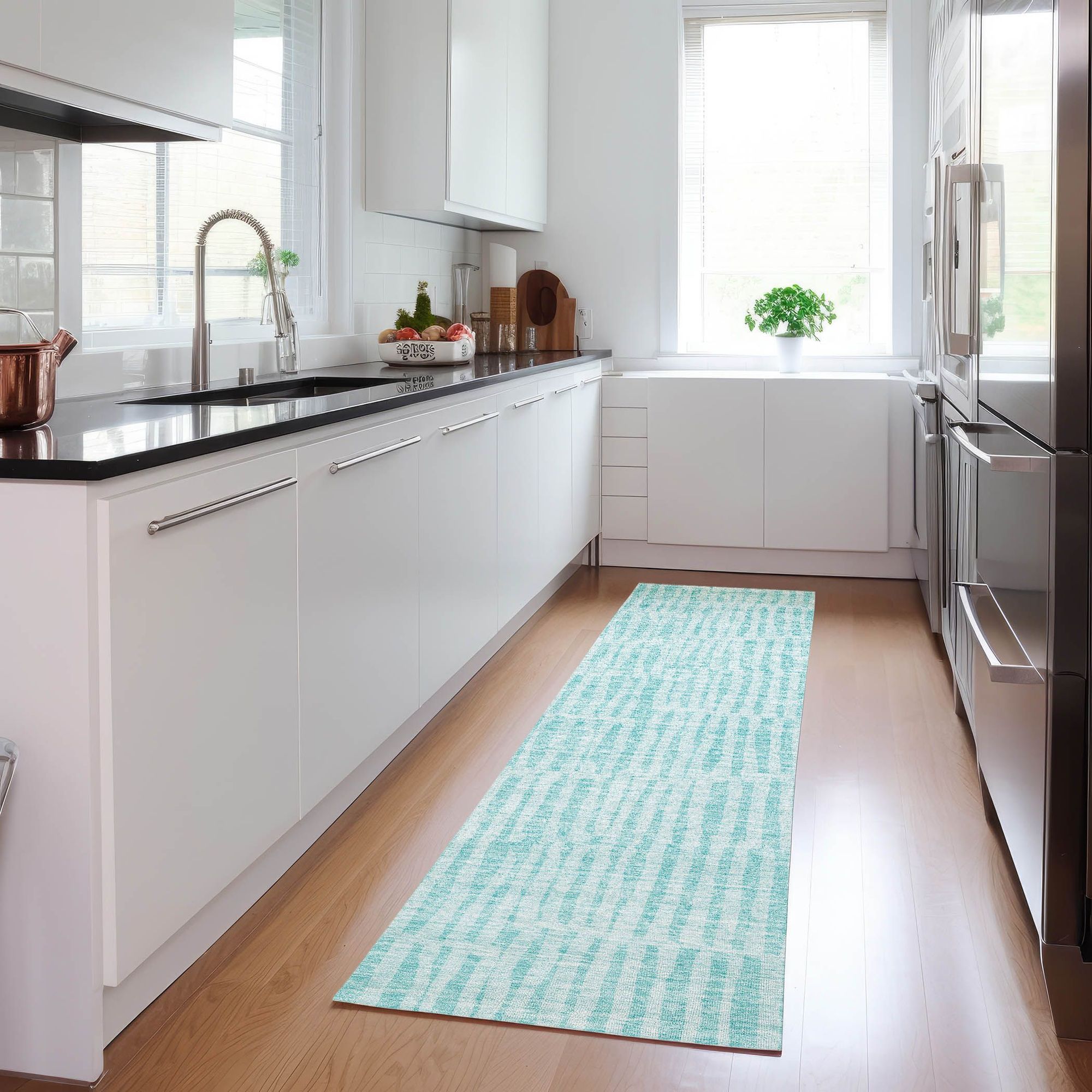 Machine Washable Teal Rug - Indoor / Outdoor - Kids / Pet Friendly Striped Print Rug