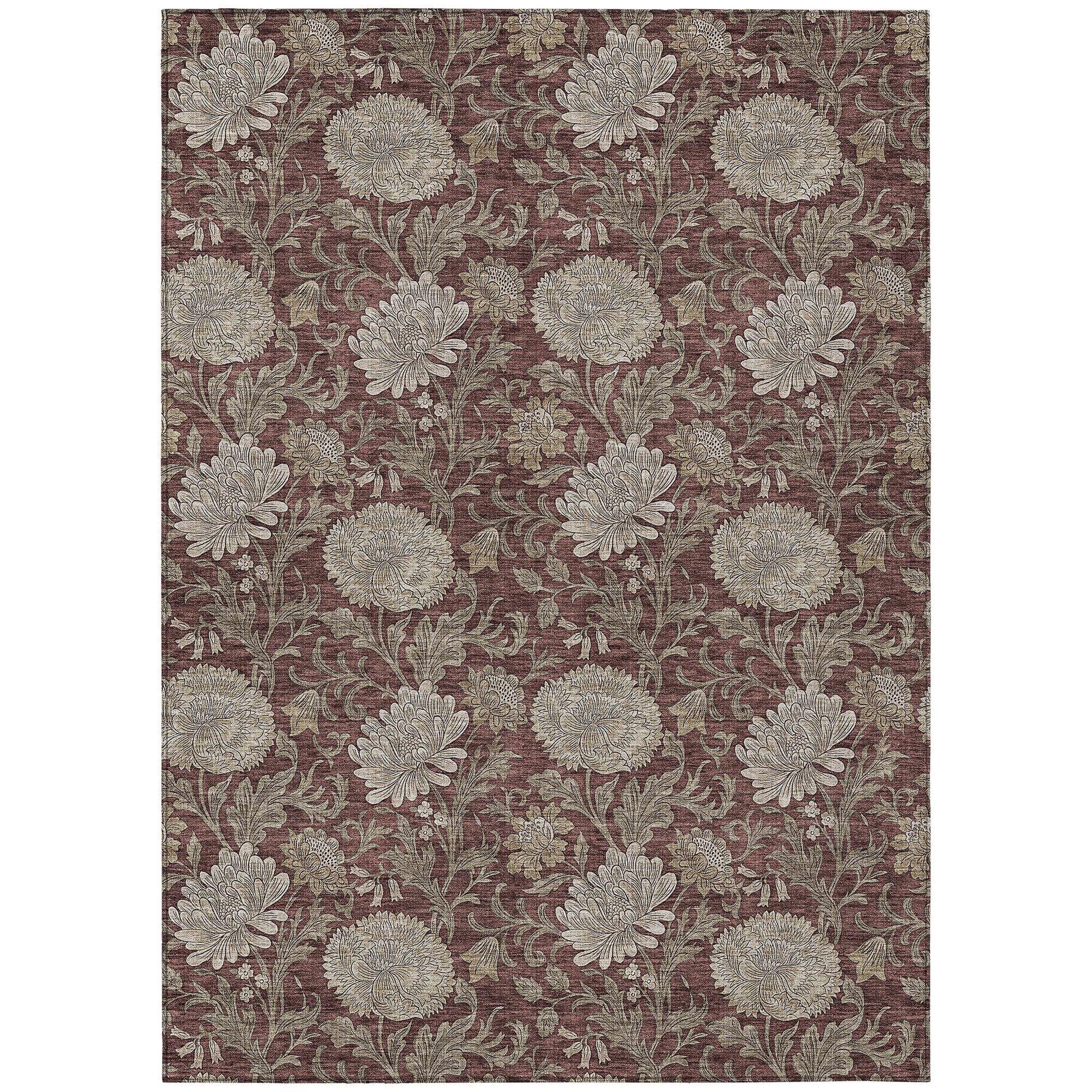 Machine Washable Merlot Red Rug - Indoor / Outdoor - Kids / Pet Friendly Floral Print Rug