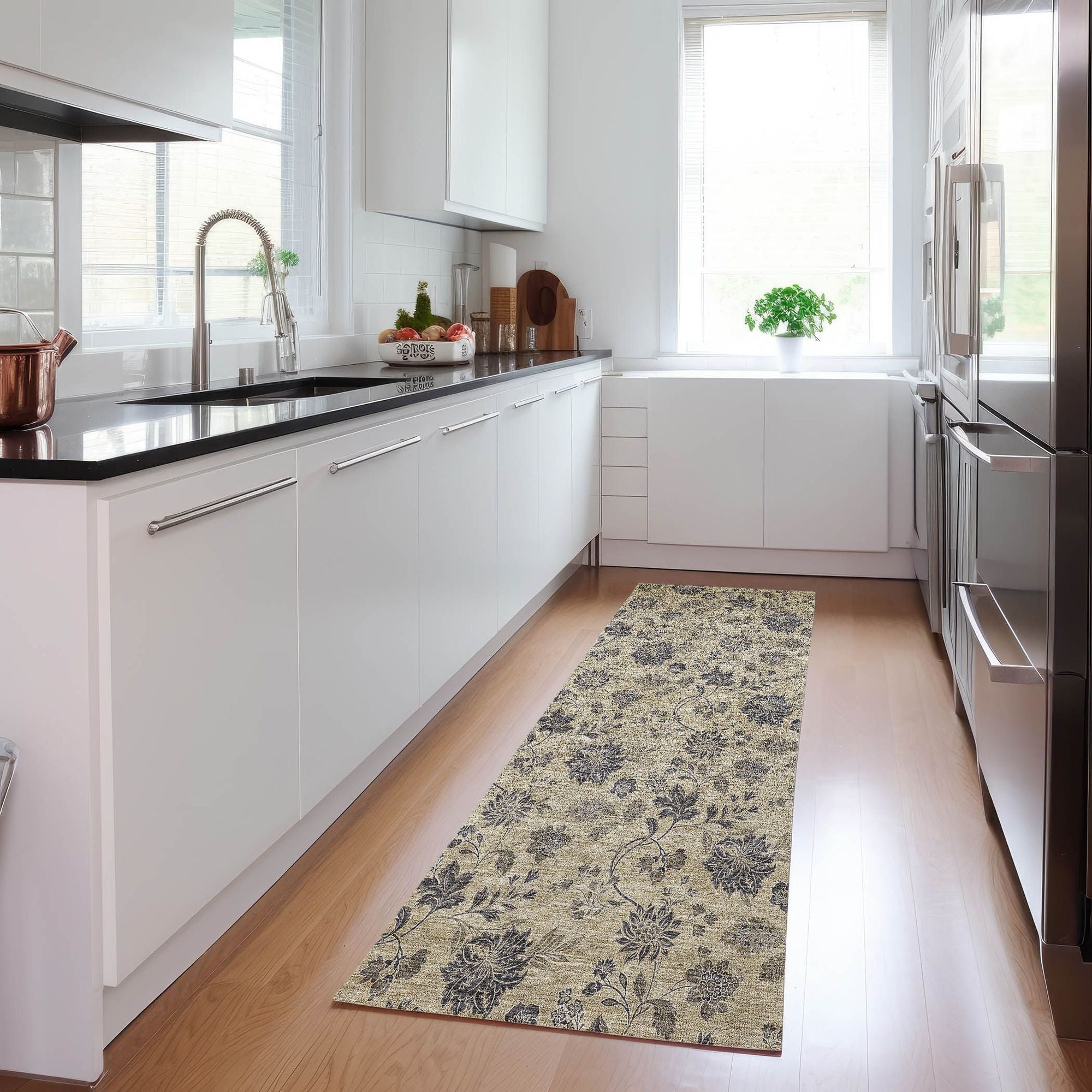 Machine Washable Brown Rug - Indoor / Outdoor - Kids / Pet Friendly Floral Print Rug
