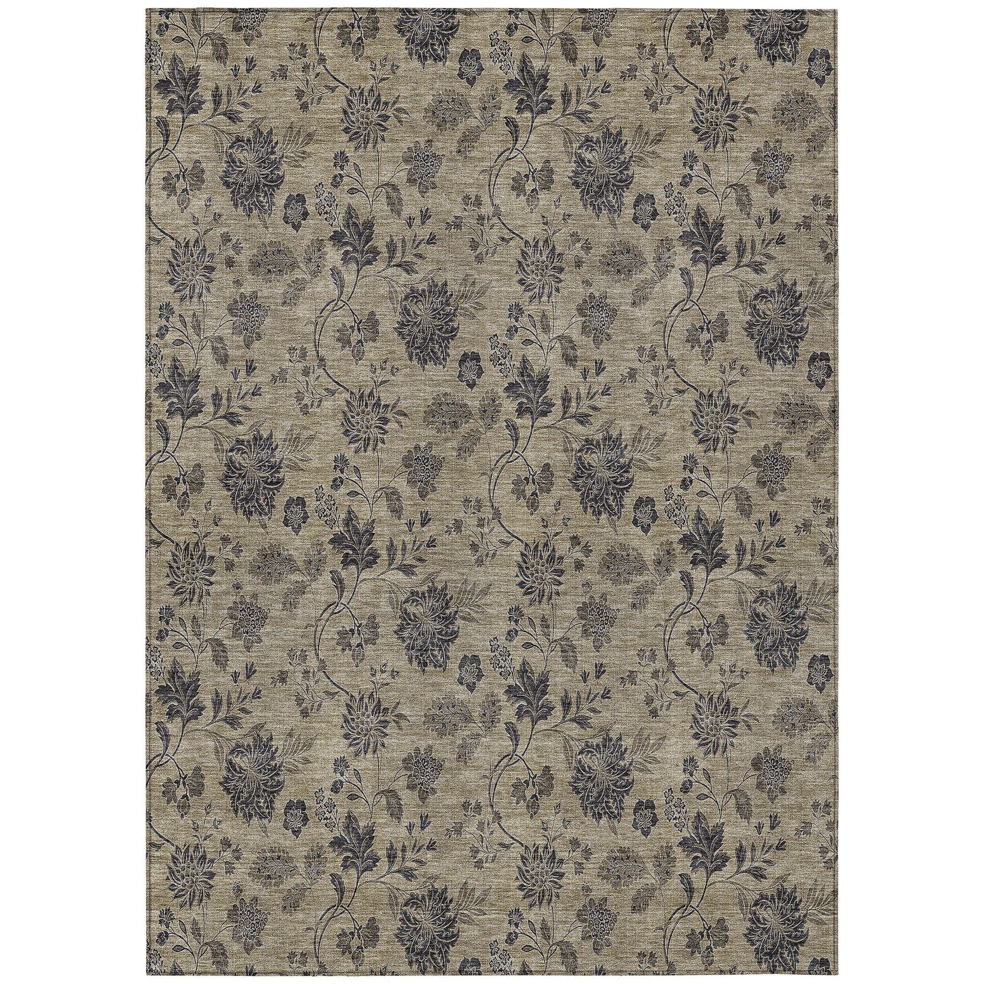 Machine Washable Brown Rug - Indoor / Outdoor - Kids / Pet Friendly Floral Print Rug