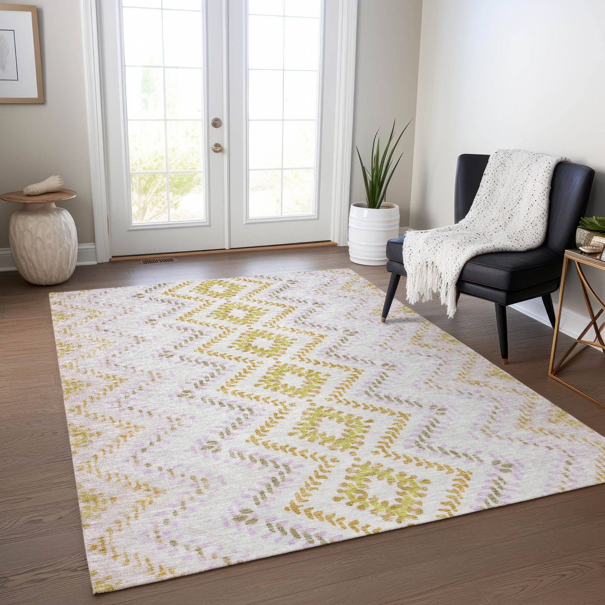 Machine Washable Pearl Ivory Rug - Indoor / Outdoor - Kids / Pet Friendly Geometric Print Rug