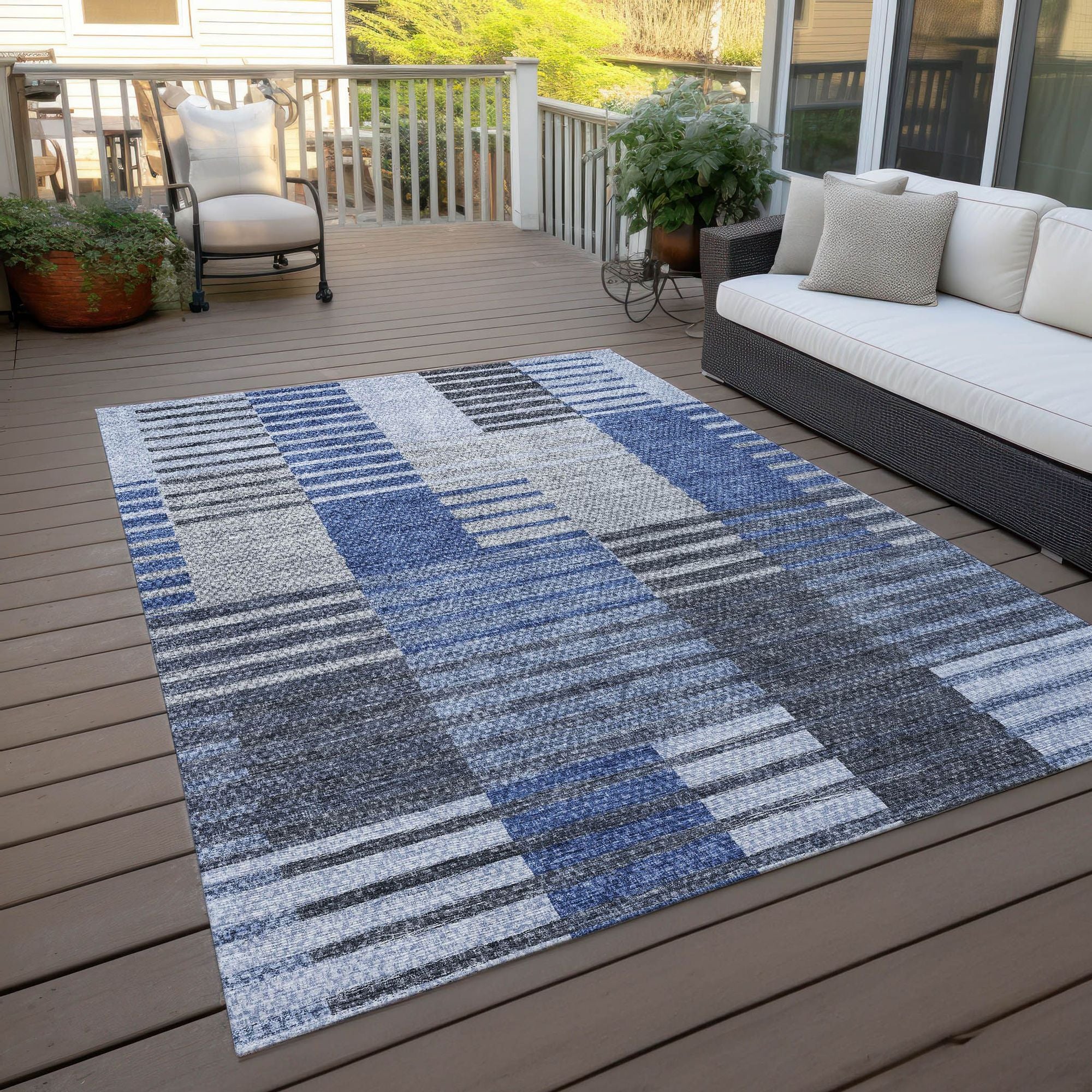 Machine Washable Blue Rug - Indoor / Outdoor - Kids / Pet Friendly Striped Print Rug