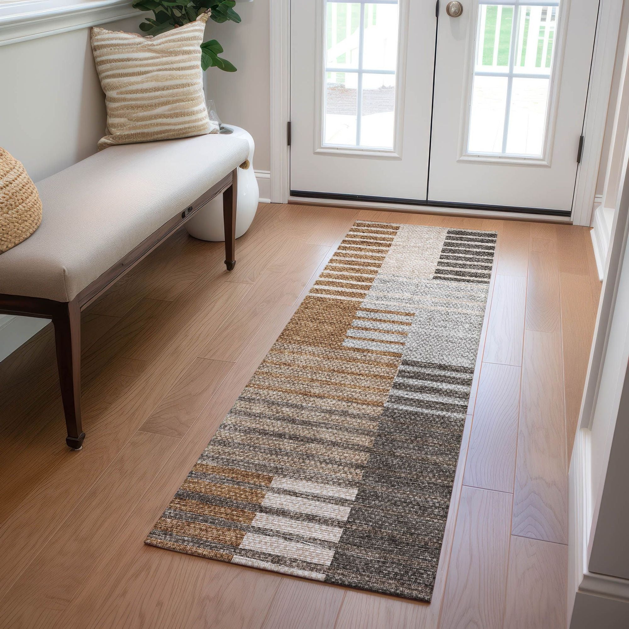 Machine Washable Paprika Orange Rug - Indoor / Outdoor - Kids / Pet Friendly Striped Print Rug