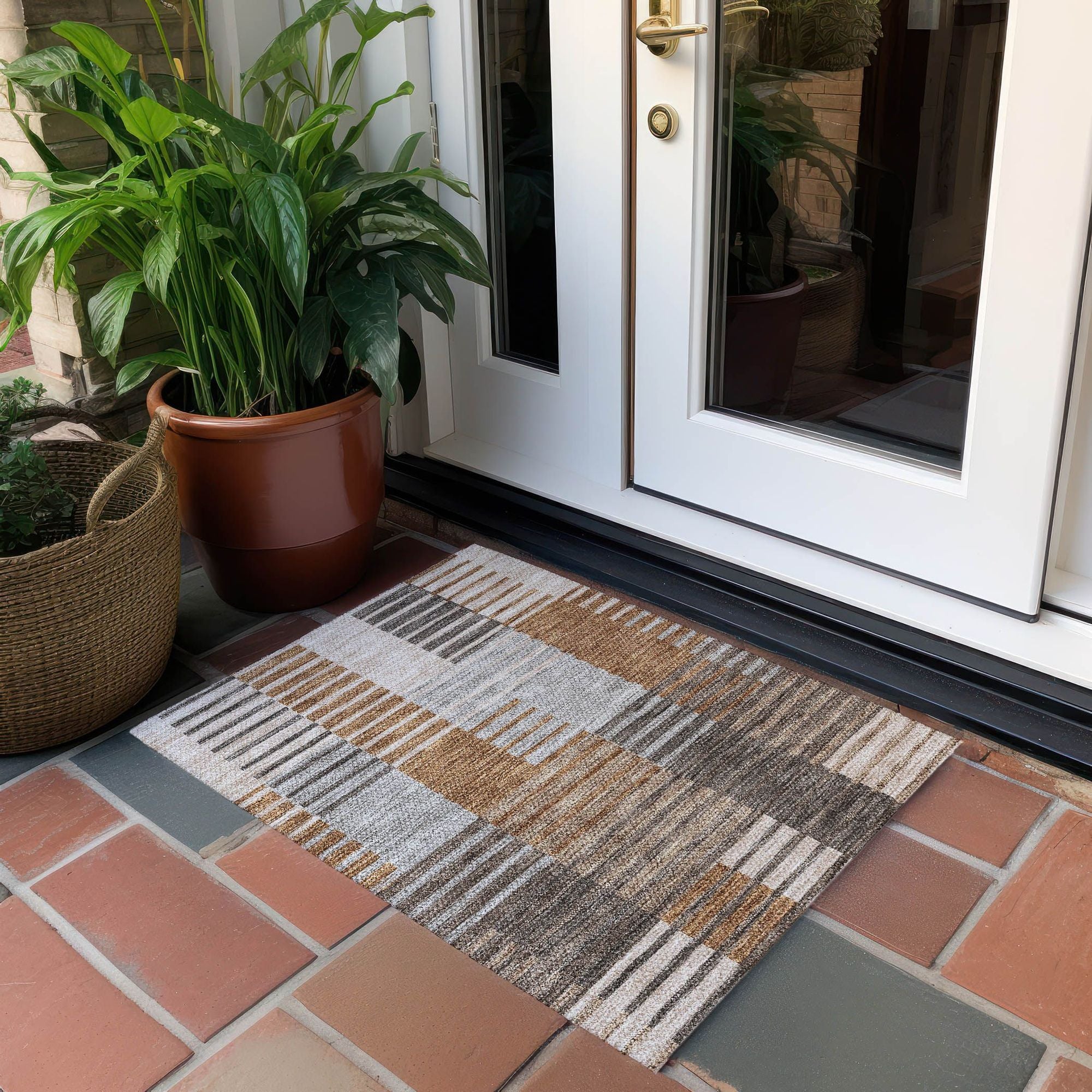 Machine Washable Paprika Orange Rug - Indoor / Outdoor - Kids / Pet Friendly Striped Print Rug