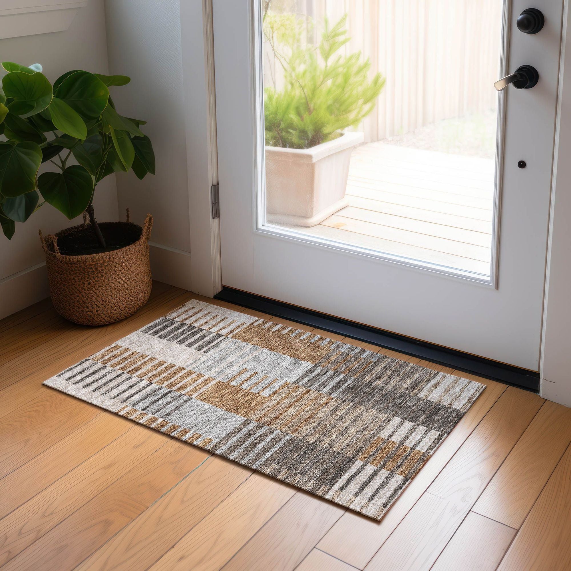Machine Washable Paprika Orange Rug - Indoor / Outdoor - Kids / Pet Friendly Striped Print Rug