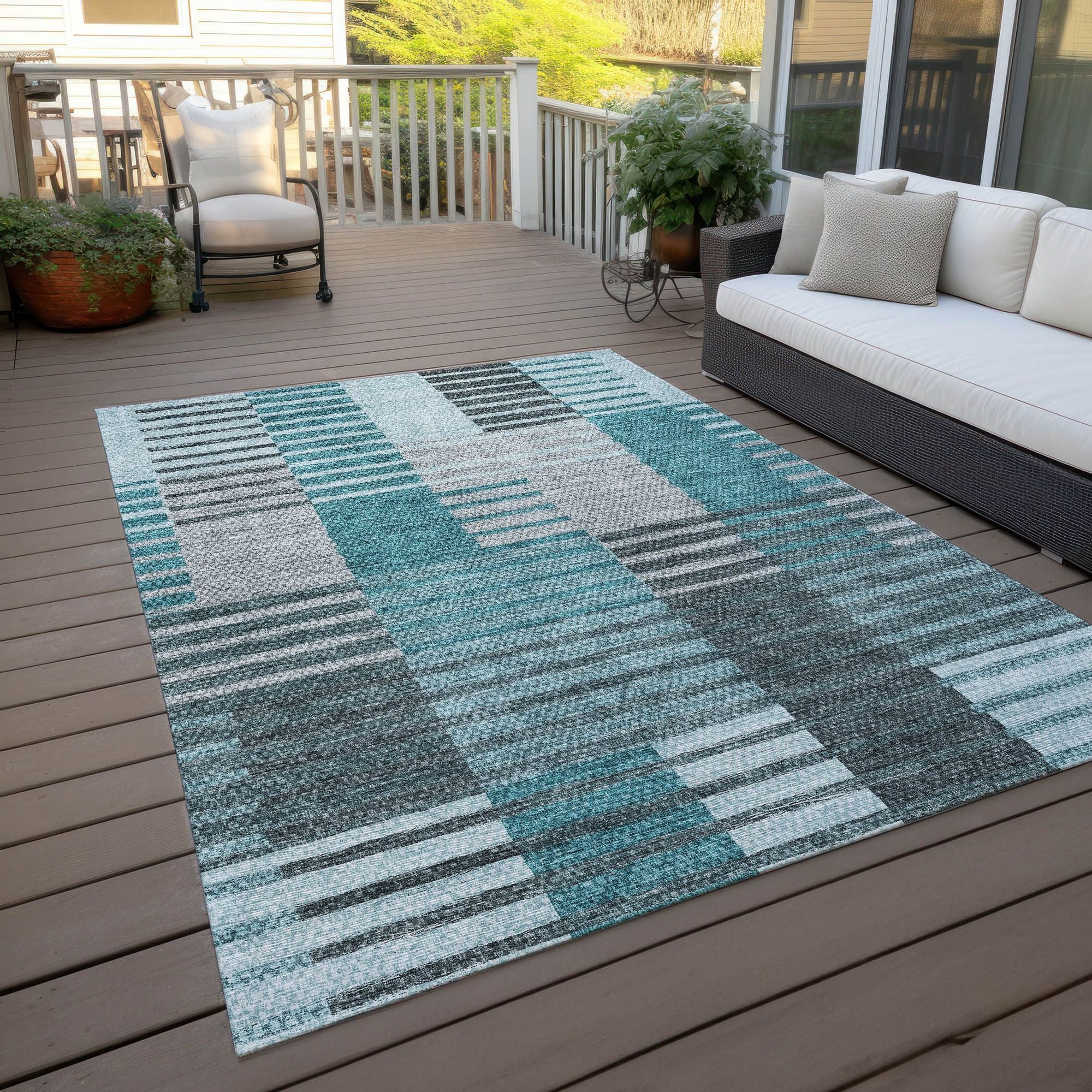 Machine Washable Teal Rug - Indoor / Outdoor - Kids / Pet Friendly Striped Print Rug