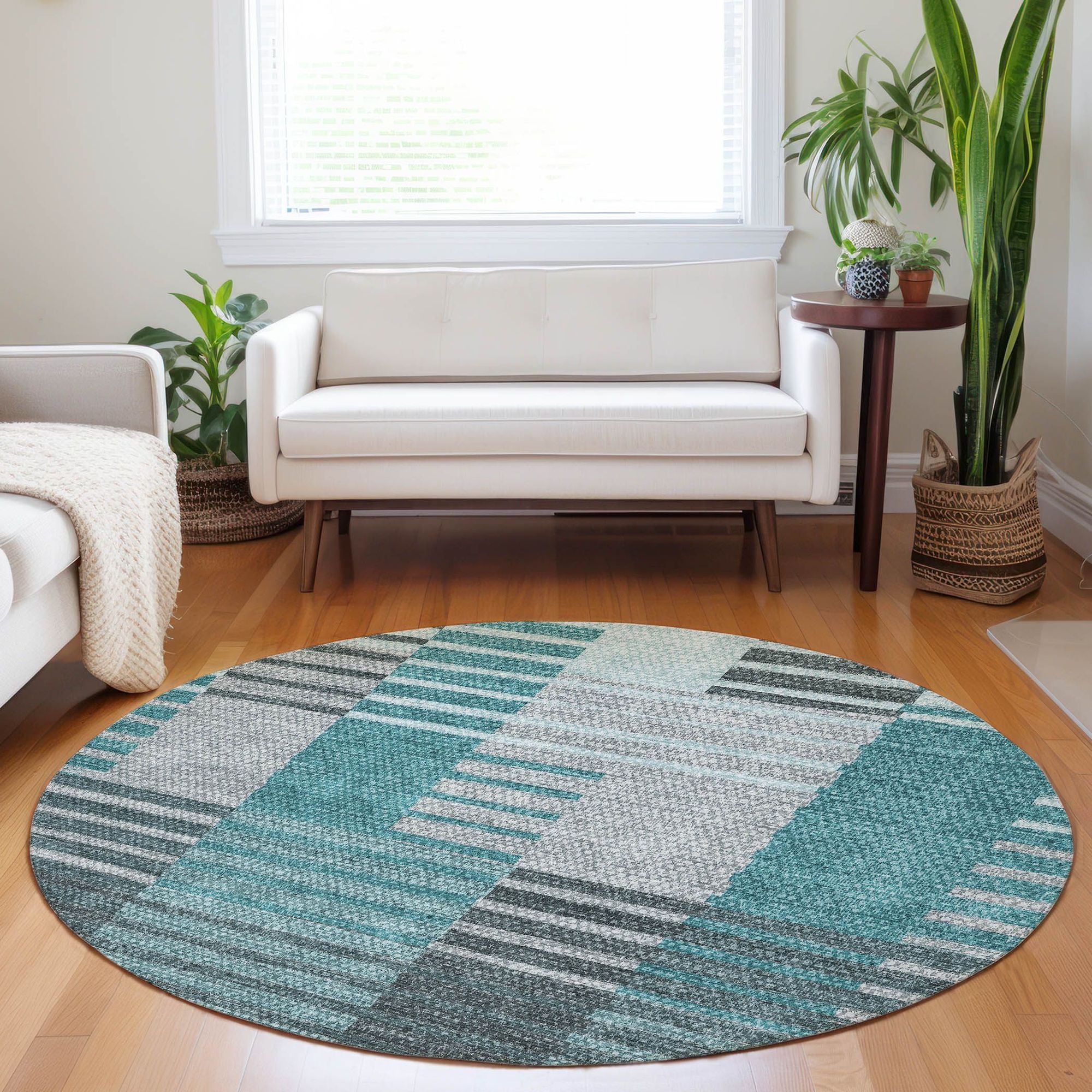 Machine Washable Teal Rug - Indoor / Outdoor - Kids / Pet Friendly Striped Print Rug