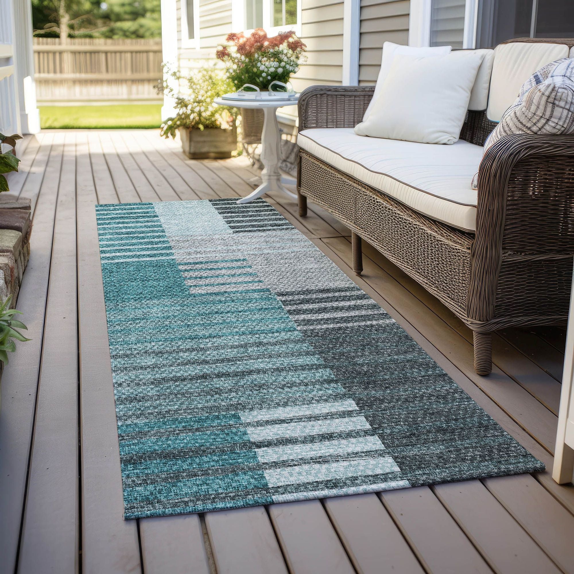 Machine Washable Teal Rug - Indoor / Outdoor - Kids / Pet Friendly Striped Print Rug