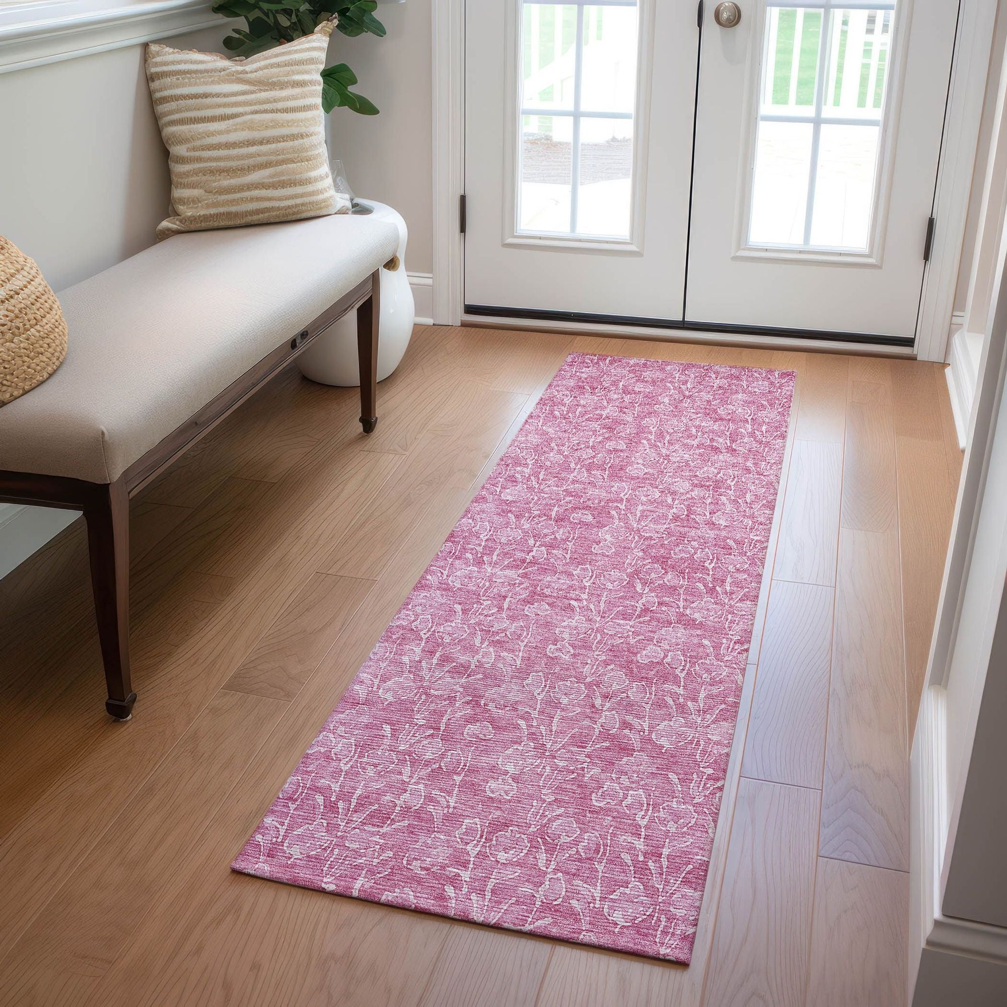 Machine Washable Blush Pink Rug - Indoor / Outdoor - Kids / Pet Friendly Floral Print Rug