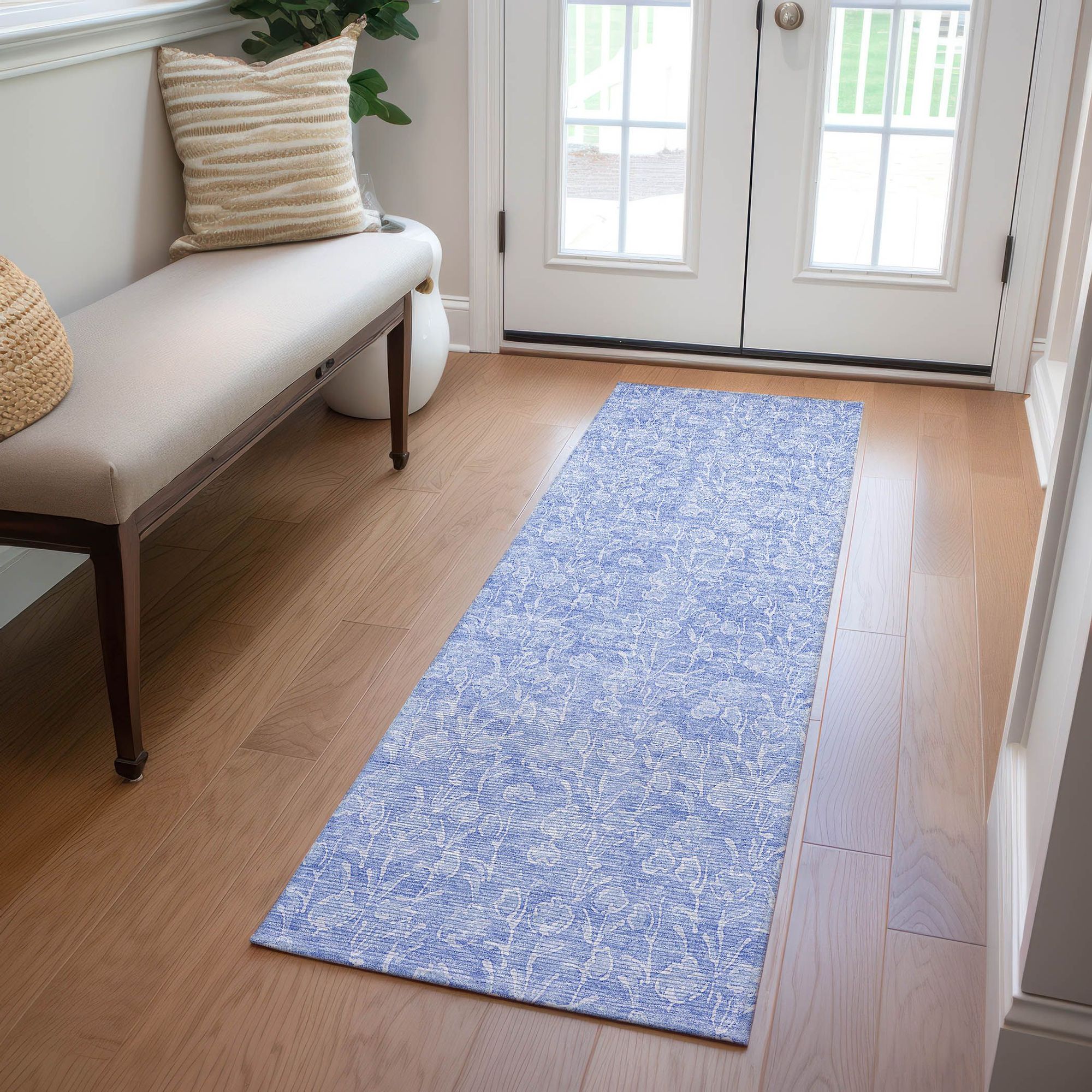 Machine Washable Denim Blue Rug - Indoor / Outdoor - Kids / Pet Friendly Floral Print Rug