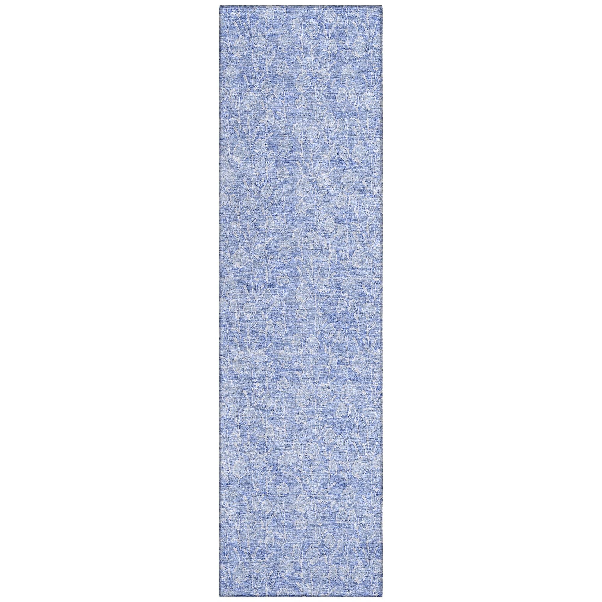 Machine Washable Denim Blue Rug - Indoor / Outdoor - Kids / Pet Friendly Floral Print Rug
